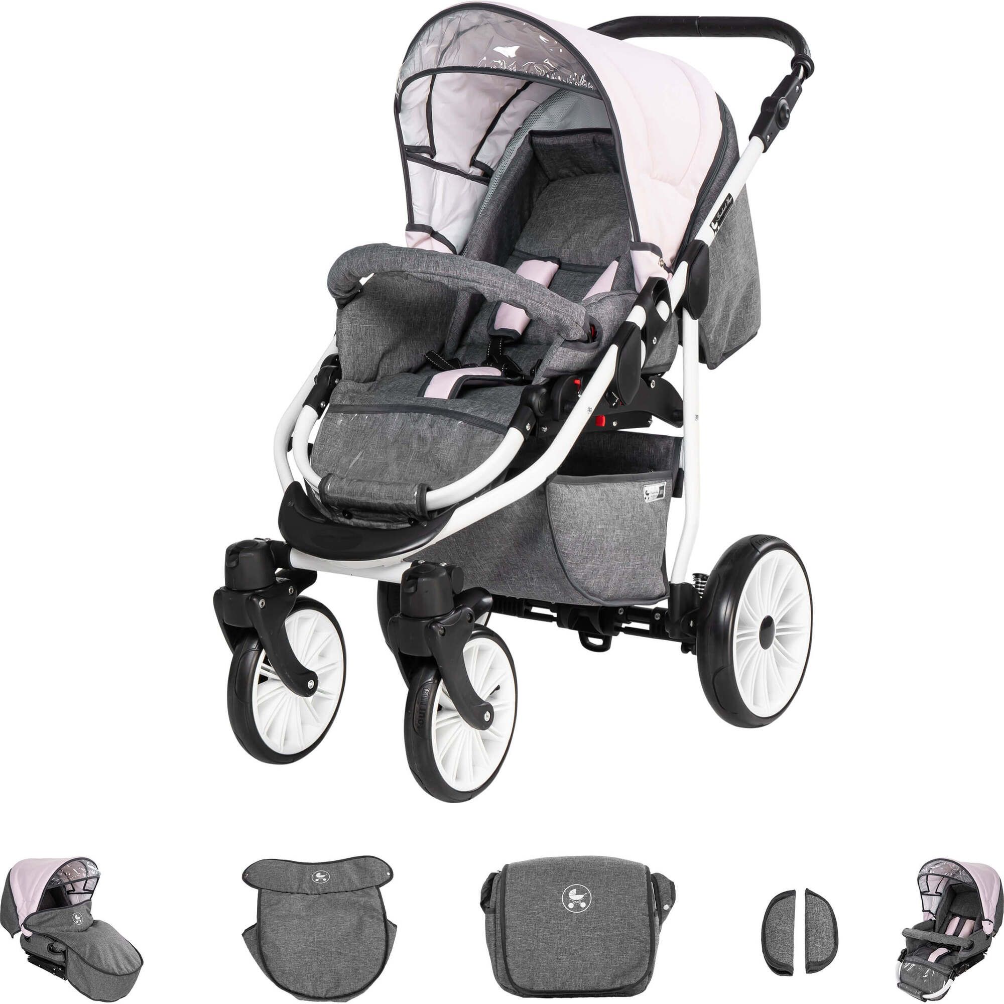 Kinderwagen, grau-rosa, mit Zubehör. Vier Räder, weißes Gestell. Enthält Babywanne, Maxi Cosi, Tasche.