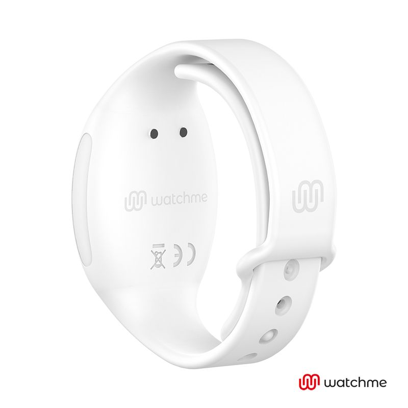 Weiße Armbanduhr, Rückseite mit Logo: watchme.