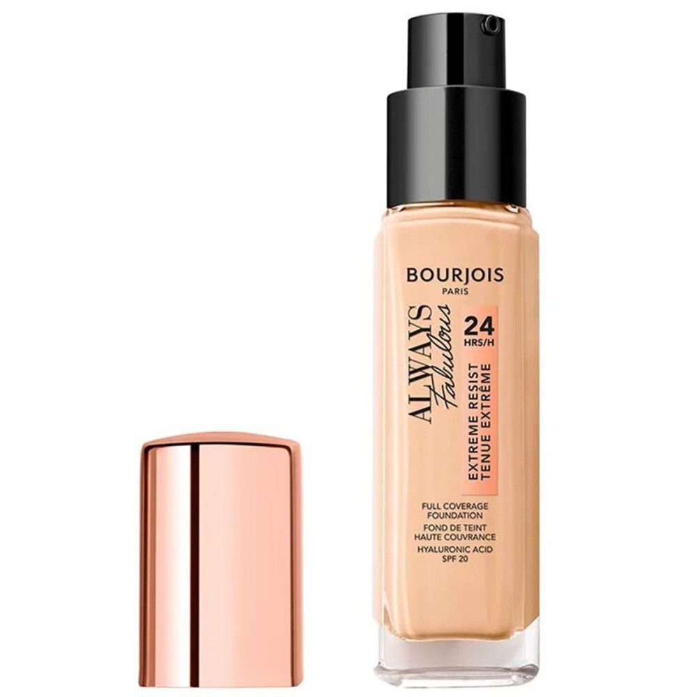 Bourjois Always Fabulous Foundation-Flakon, geöffnet. Schwarzer Pumpkopf, roségoldener Deckel.