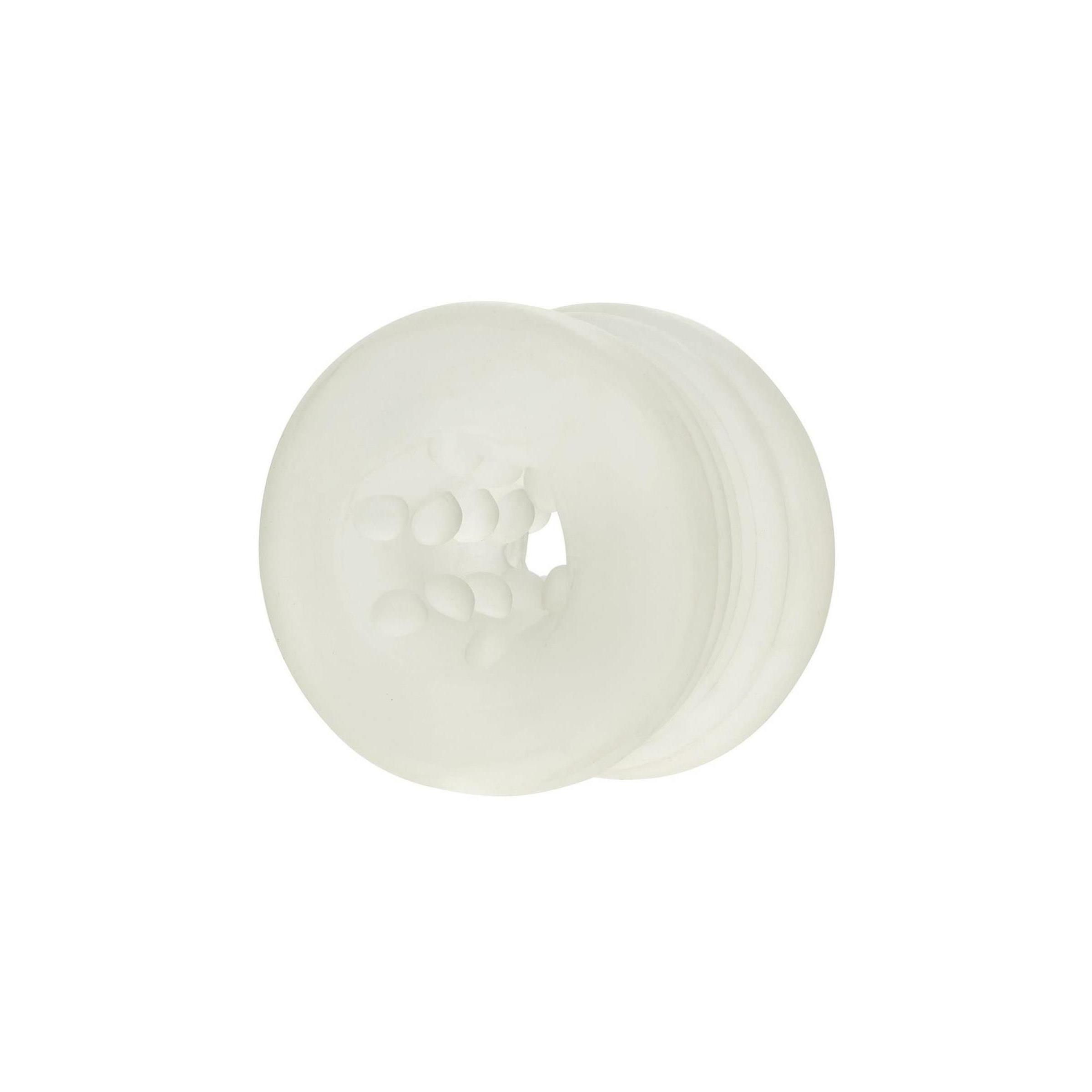 Ringförmiges Produkt aus durchscheinendem Material. Mit Öffnung und inneren Erhebungen. Geformt für Intimbereich.