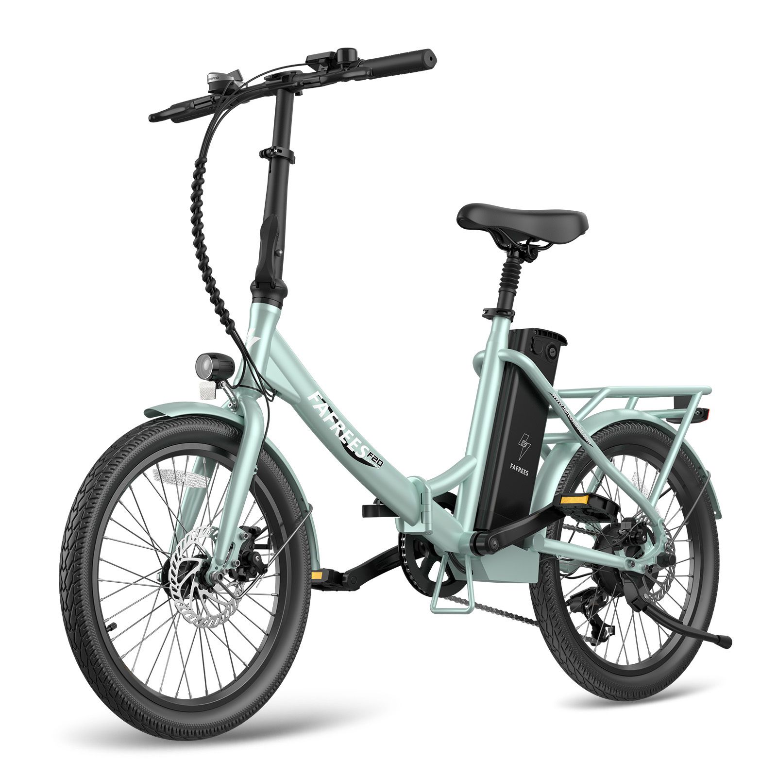 Hellgrünes Fafrees F20 E-Bike. Schwarze Reifen, Sattel und Lenker. Akku am Rahmen. Gepäckträger hinten.