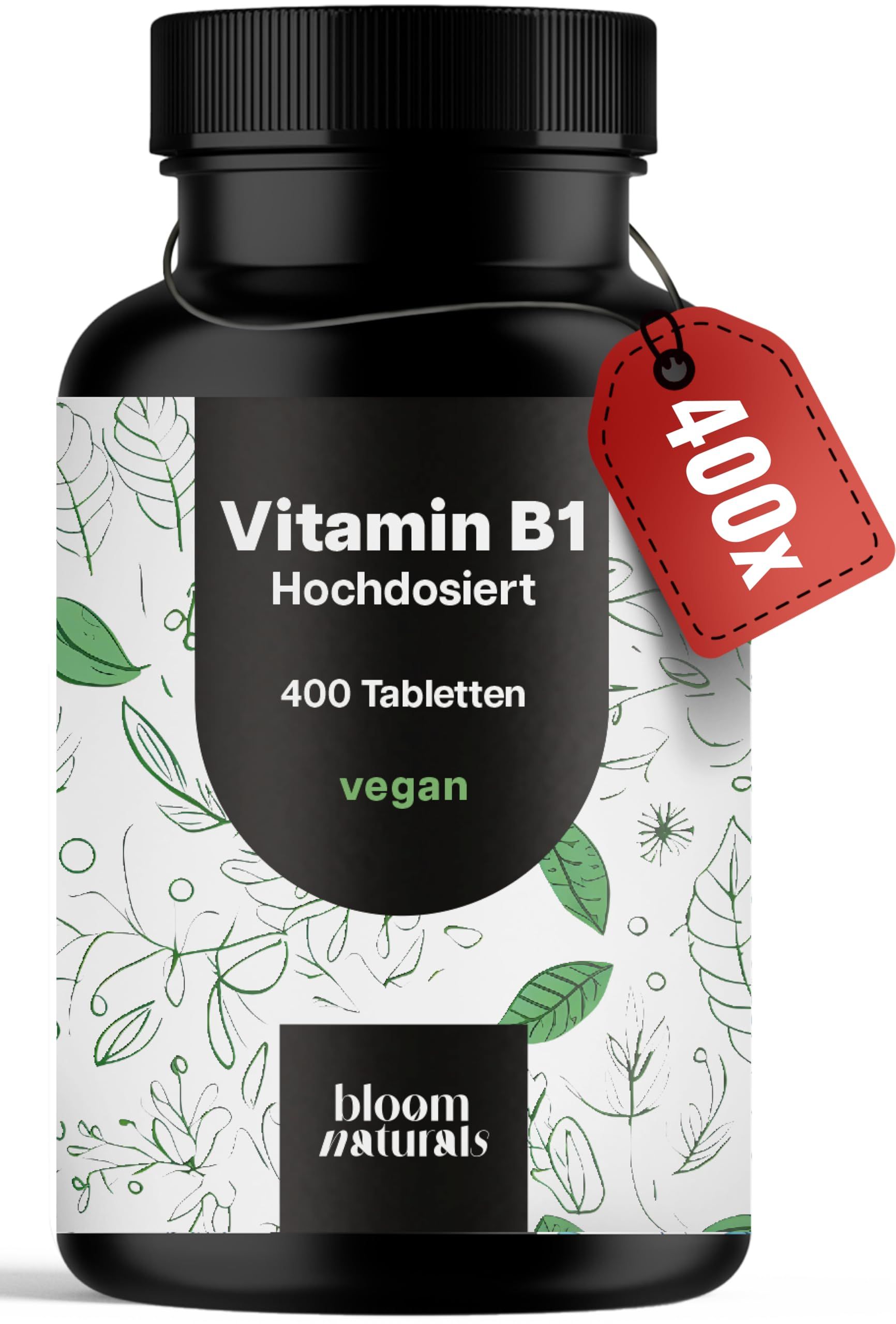 Schwarze Dose Vitamin B1, 400 Tabletten, mit rotem Anhänger '400X'. Bloom Naturals.