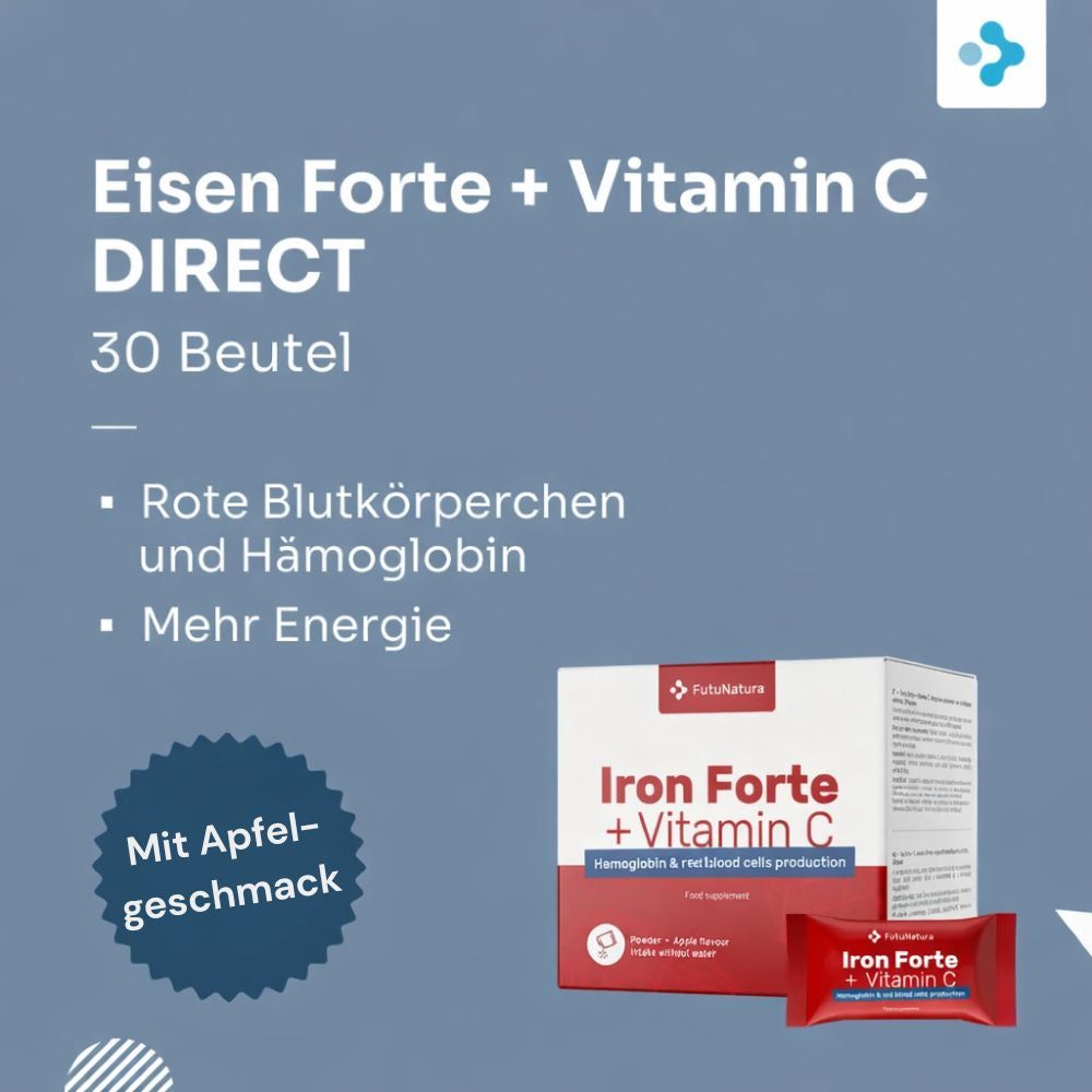 FutuNatura Eisen Forte + Vitamin C Packung mit Einzelbeutel.