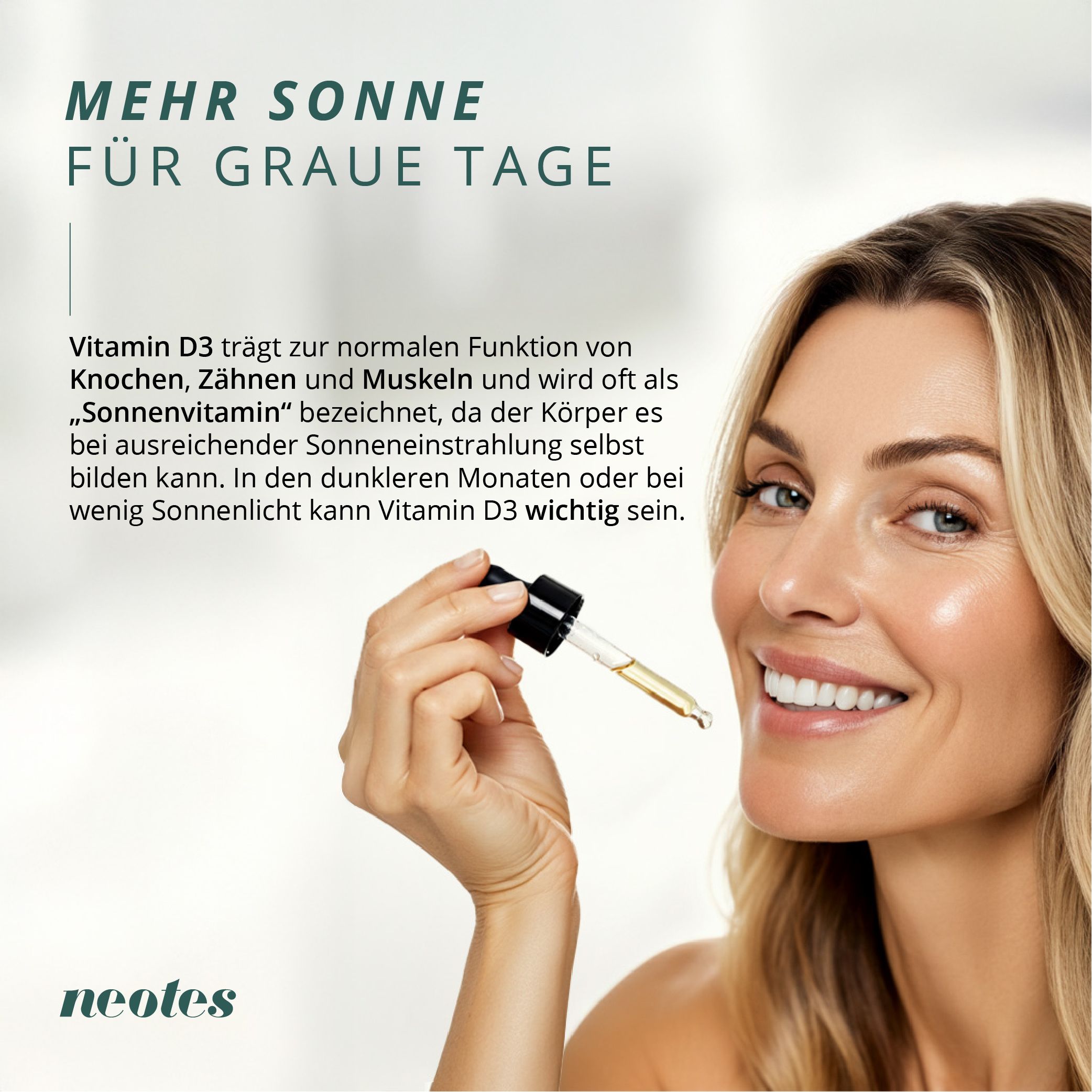 Eine Frau hält einen Tropfer mit Flüssigkeit. Text: "Mehr Sonne für graue Tage". Der Text erklärt die Bedeutung von Vitamin D.