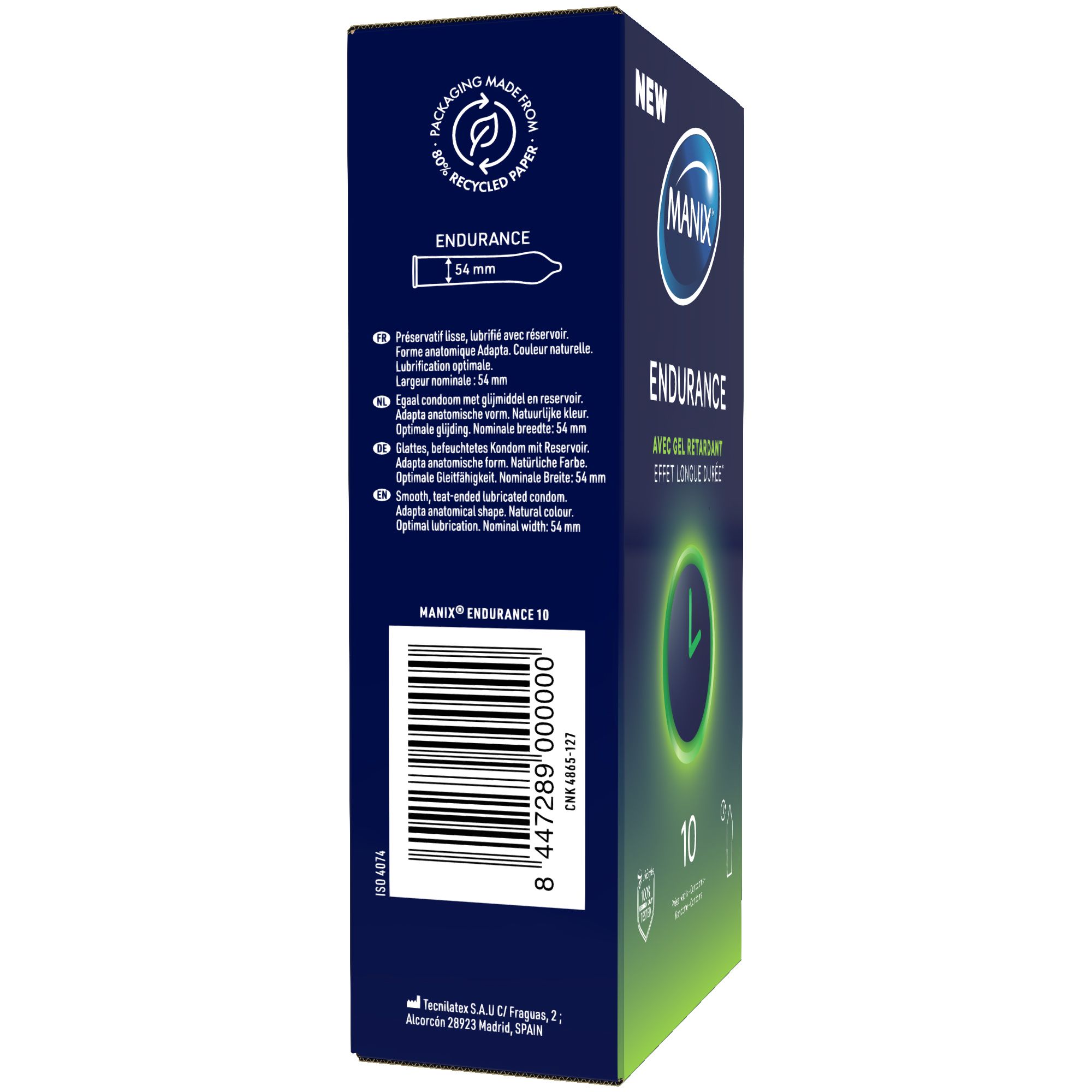 Seite der Manix Endurance Time Control Kondompackung mit Produktmerkmalen und Breite.