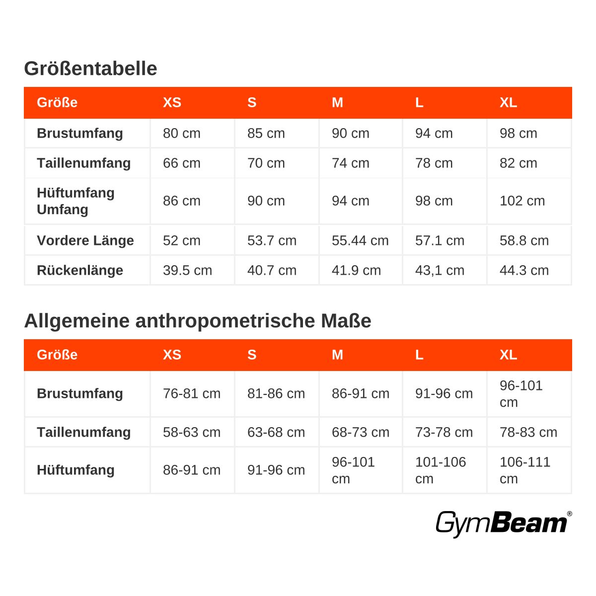 Größentabelle für Kleidung mit Maßen für Brustumfang, Taillenumfang, Hüftumfang, Vorder- und Rückenlänge in den Größen XS bis XL.