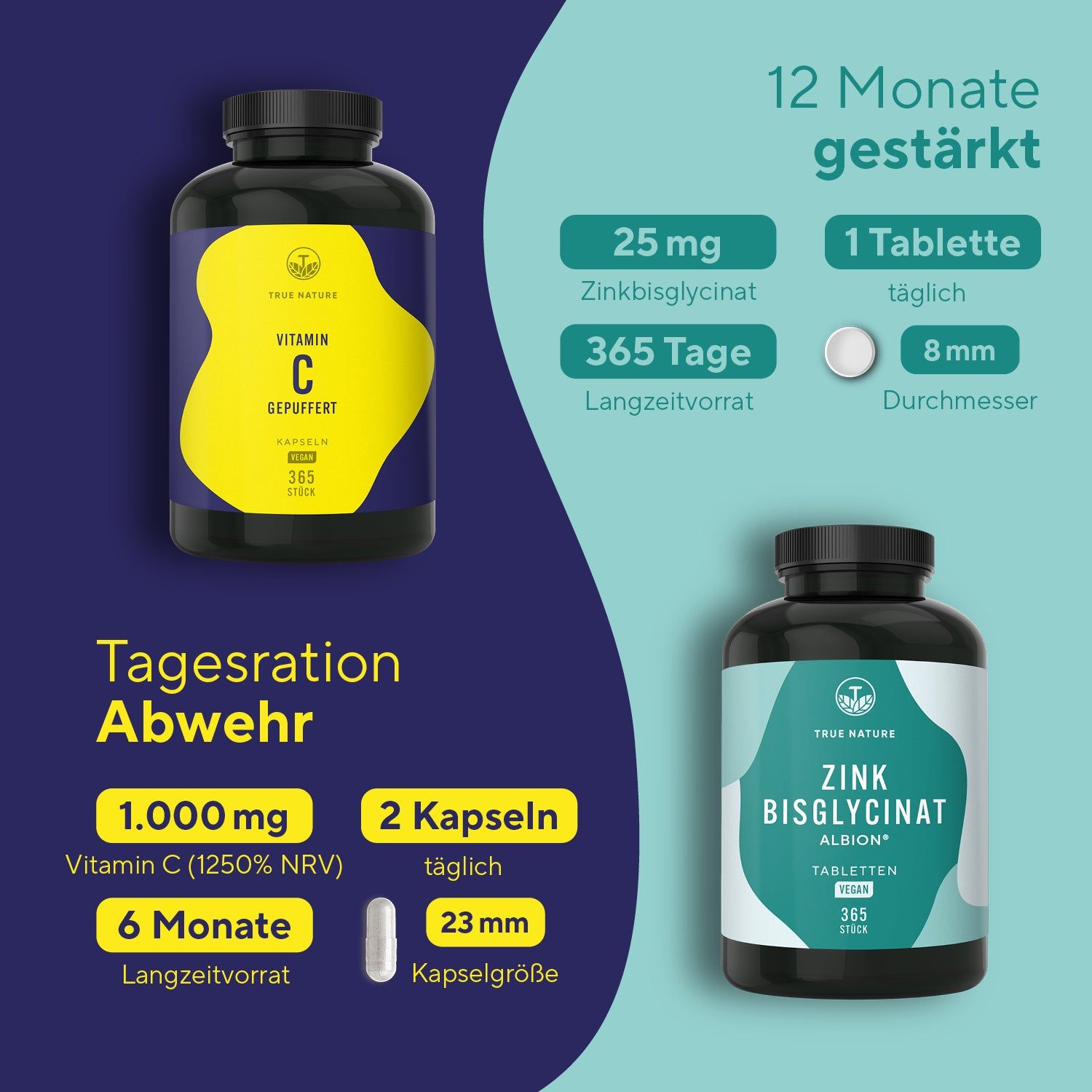 TRUE NATURE® Immun-Duo Zink+C. Flaschen mit Vitamin C und Zink Bisglycinat. Informationen zu Dosierung und Inhaltsstoffen. 365 Stück.