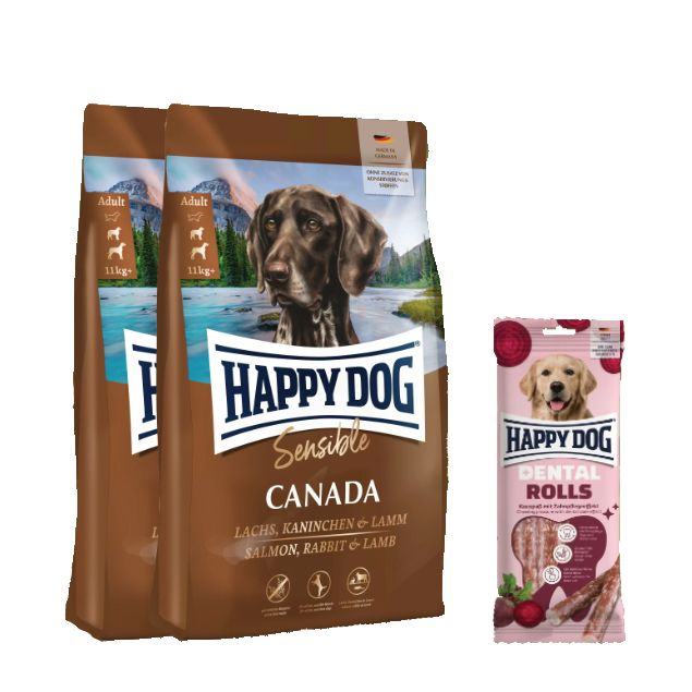 Happy Dog Sensible Canada Doppelpack + Dental Rolls für Hunde 25,1 kg