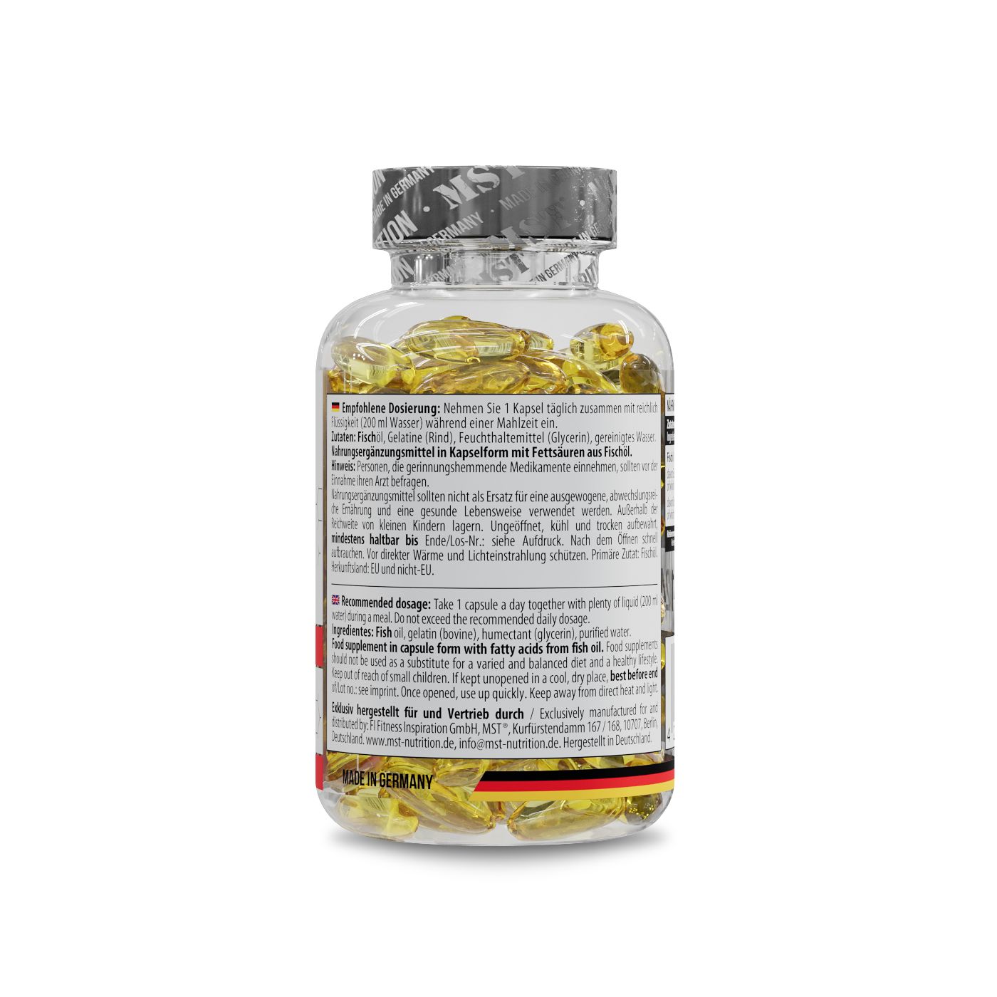 Transparente Flasche mit Kapseln. Aufschrift: Dosierung, Inhaltsstoffe, Omega-3-Fettsäuren. Deckel mit Aufschrift: Nutrition.