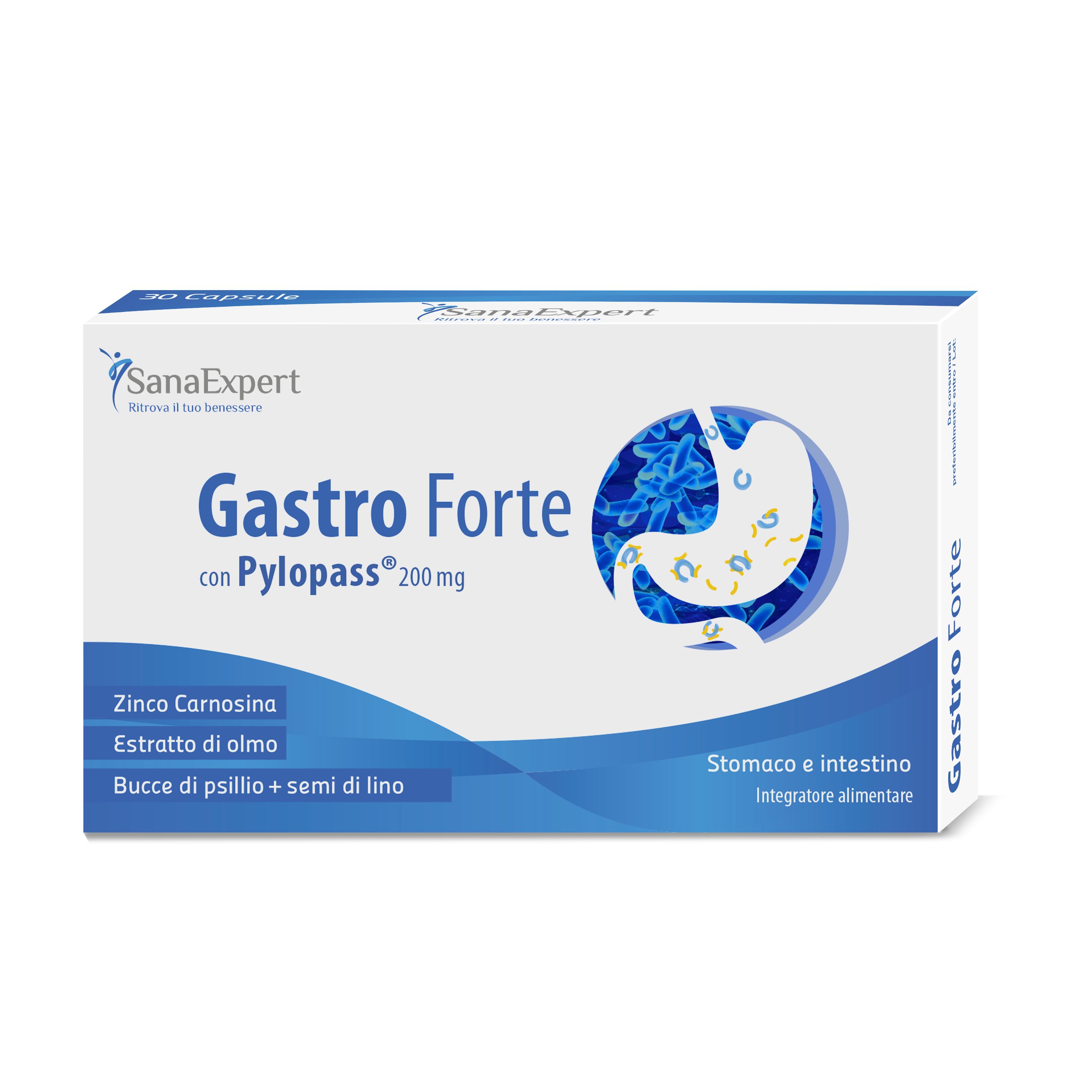 SanaExpert Gastro Forte – con 200 mg di Pylopass®, zinco, estratto di olmo e bucce di psillio
