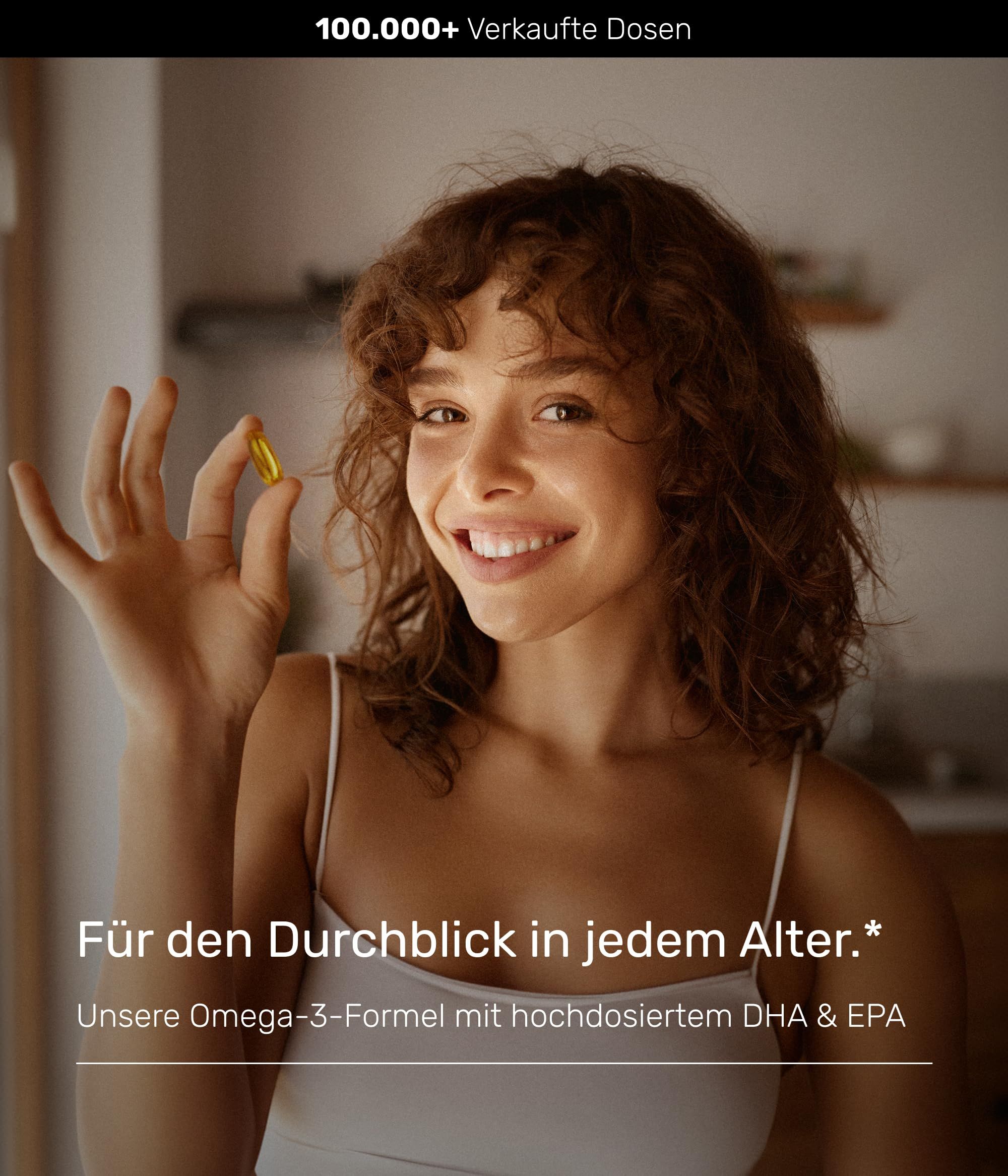 Junge Frau hält eine gelbe Kapsel. Text: "Für den Durchblick in jedem Alter." und "Unsere Omega-3-Formel..."