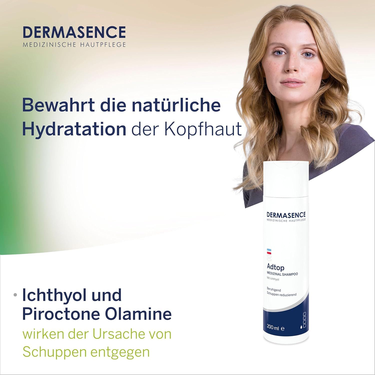 Weißes Shampoo mit blauer Banderole. Text: DERMASENCE, Adtop. Frau mit blonden Haaren.