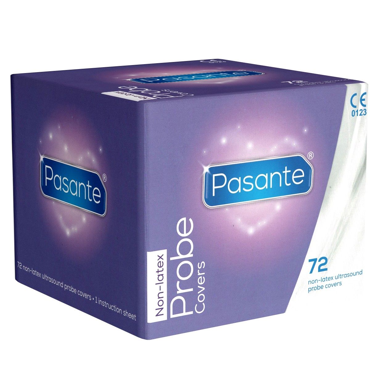 Violette Schachtel mit Produktnamen Pasante. Aufschrift: Non-latex Probe Covers. Enthält 72 nicht-latex Ultraschall-Sondenabdeckungen. CE-Kennzeichnung.