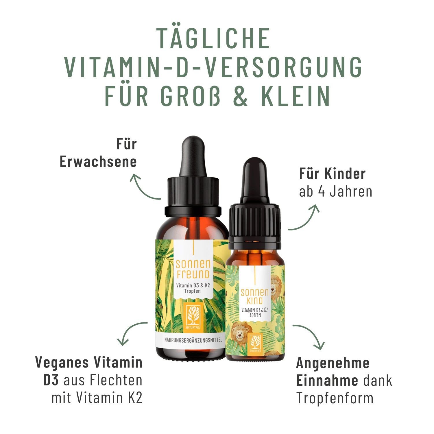Zwei braune Glasflaschen mit Pipettenaufsatz, gefüllt mit flüssigem Vitamin D3 und K2.