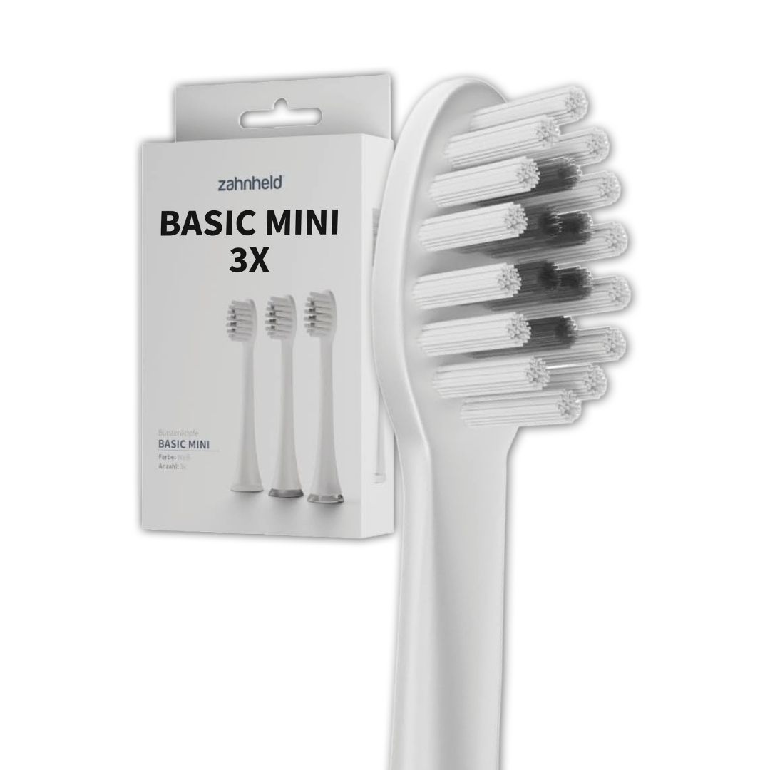 Zahnheld Basic Mini 3X Bürstenköpfe in weißer Verpackung, schmale Wechselköpfe.