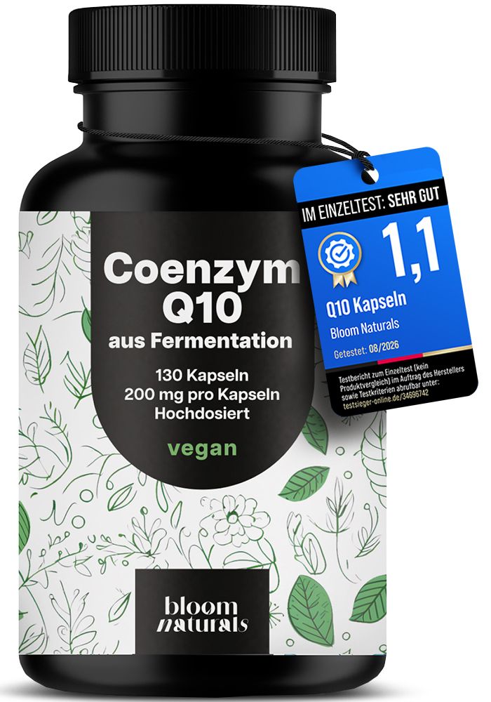 Schwarze Dose mit Coenzym Q10 Kapseln, 130 Stück, 200 mg pro Kapsel. Mit Siegel 'Im Einzeltest: Sehr Gut'.