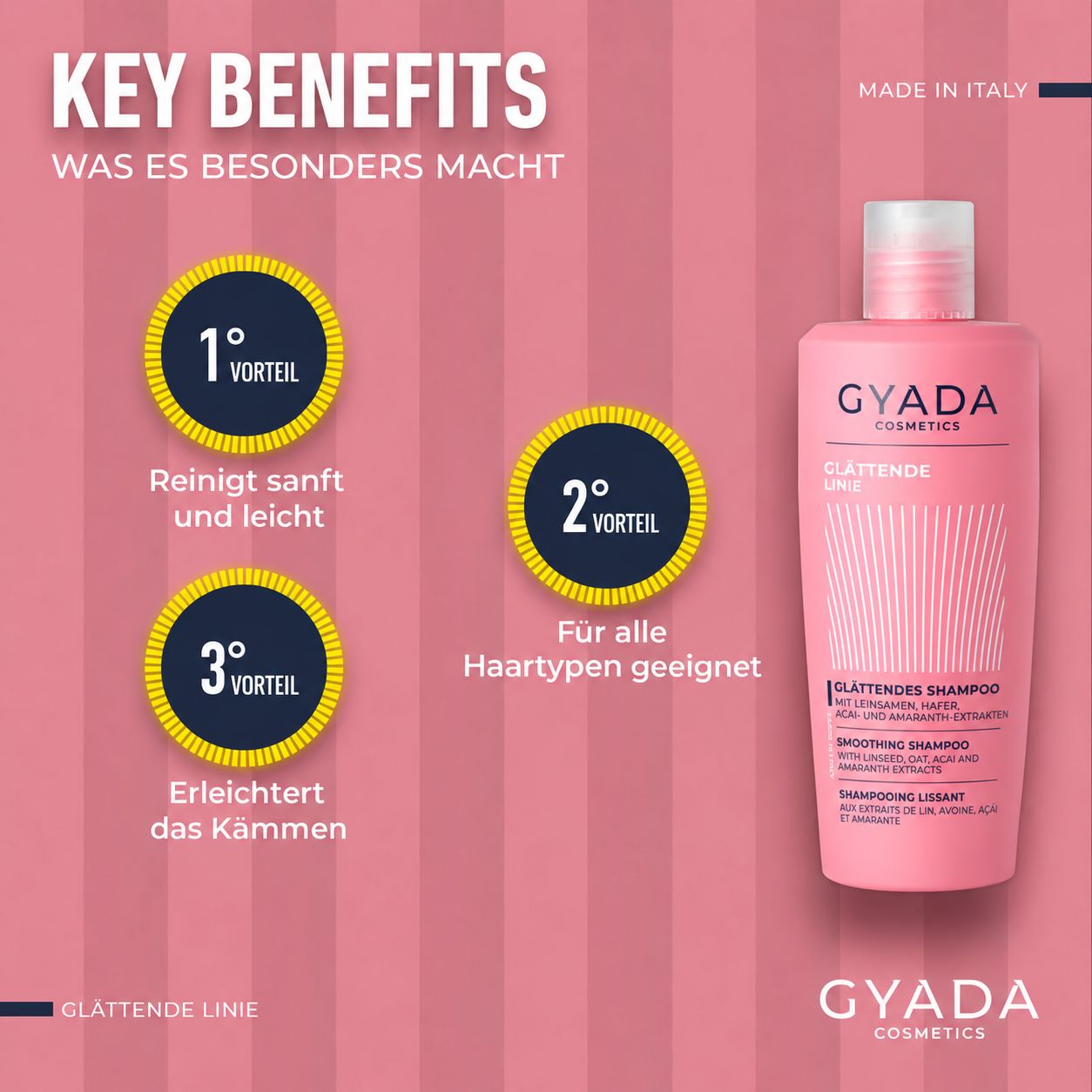 GYADA Cosmetics Glättendes Shampoo in rosa Flasche mit Informationen zu Vorteilen und Inhaltsstoffen.