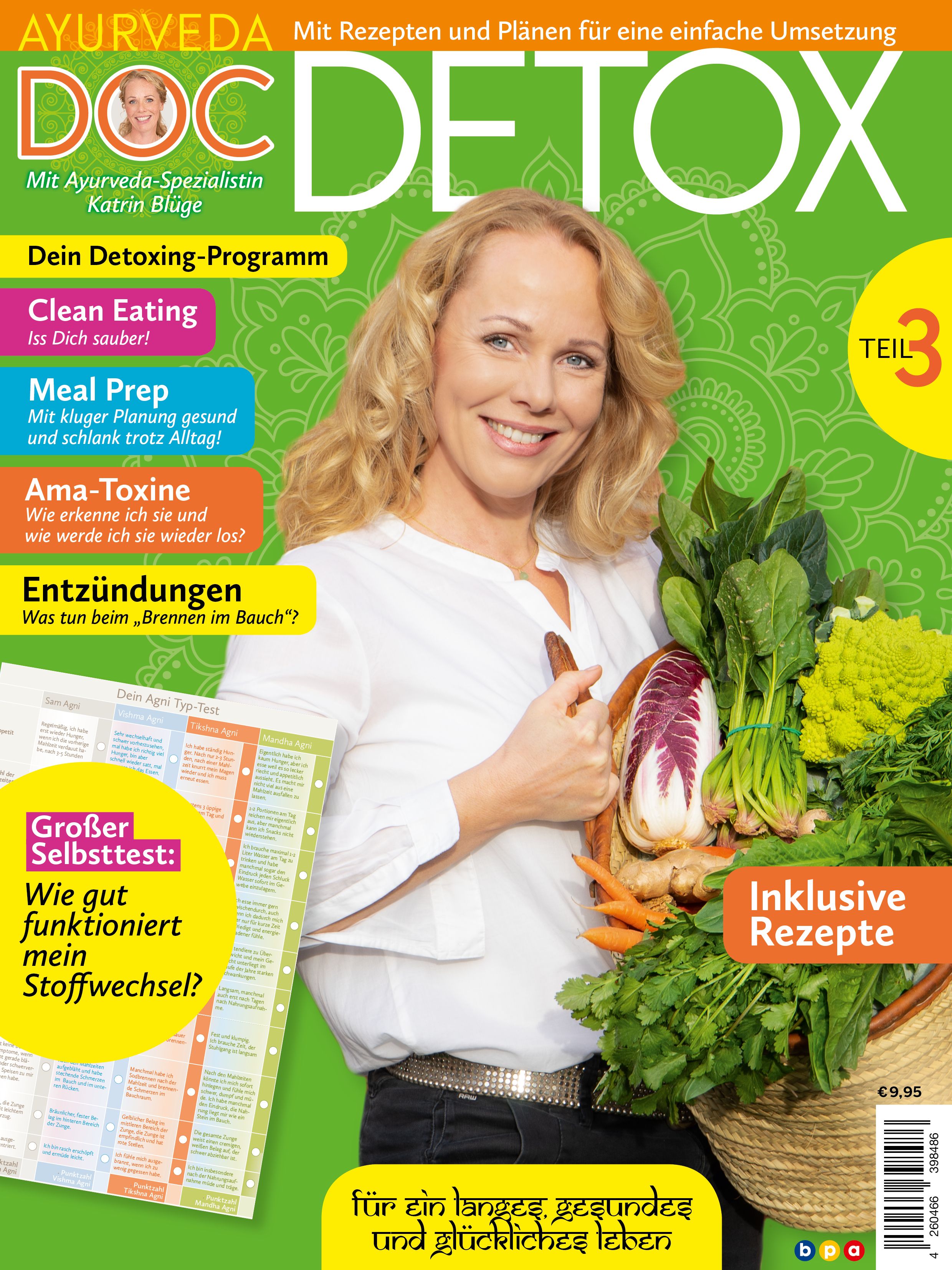 Magazin-Cover. Titel: DOC DETOX Teil 3. Frau mit Gemüsekorb. Text: Ayurveda, Rezepte, Detoxing-Programm, Clean Eating, Meal Prep, Ama-Toxine, Entzündungen.