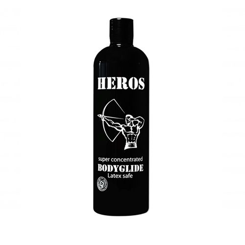Schwarze Flasche mit weißem Etikett. Aufschrift: HEROS, darunter eine Bogenschützen-Illustration. Text: BODYGLIDE, Latex safe.