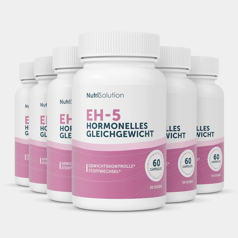 Mehrere weiße Flaschen mit rosa Etiketten. Aufschrift: NutriSolution EH-5 Hormonelles Gleichgewicht. 60 Kapseln.