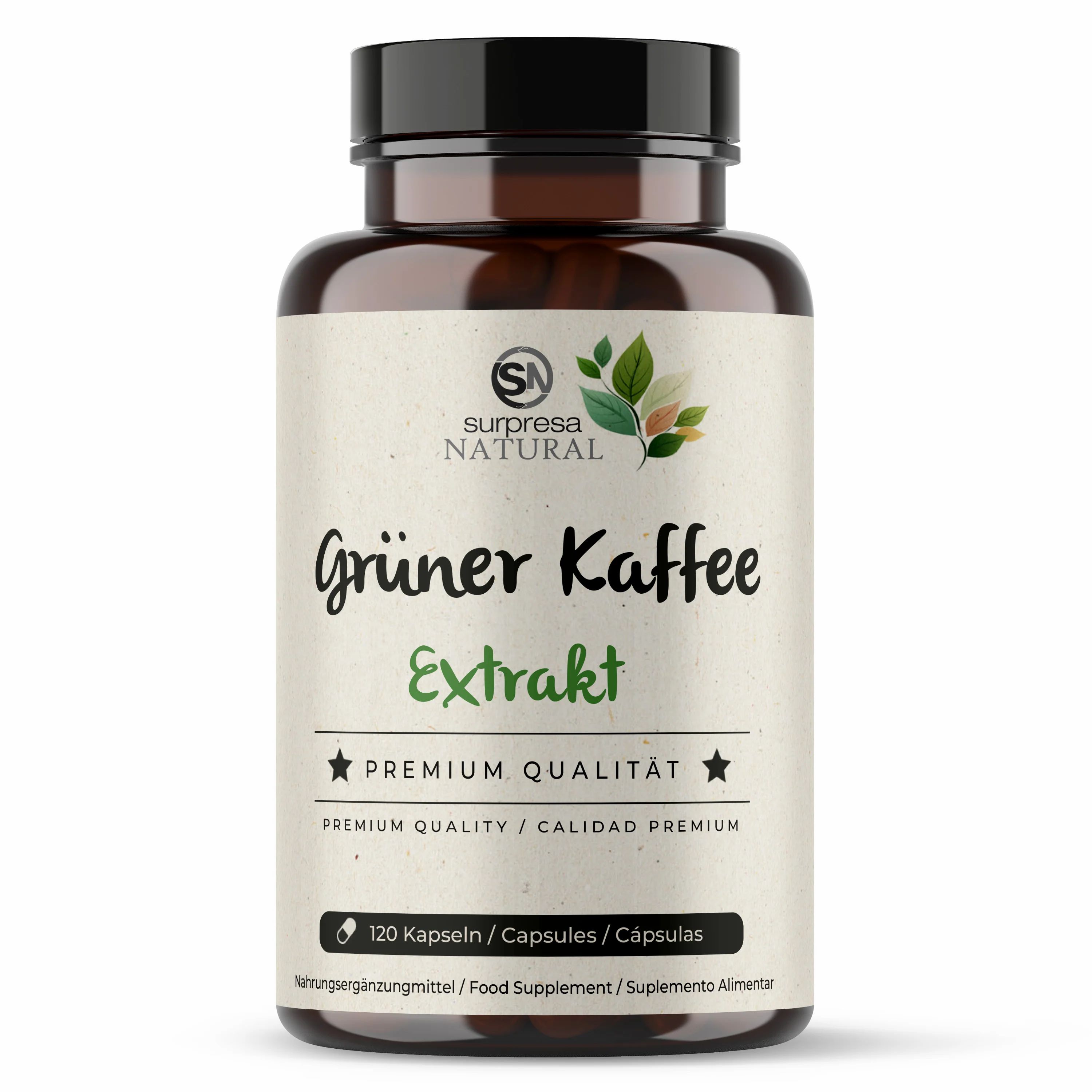 Braune Flasche mit Etikett. Aufschrift: Grüner Kaffee Extrakt, Premium Qualität. 120 Kapseln. Logo: Blätter und "Surpresa Natural".