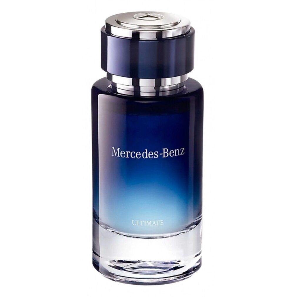 Parfümflasche mit blauem Farbverlauf. Silberner Deckel mit Logo. Schriftzug "Mercedes-Benz Ultimate".