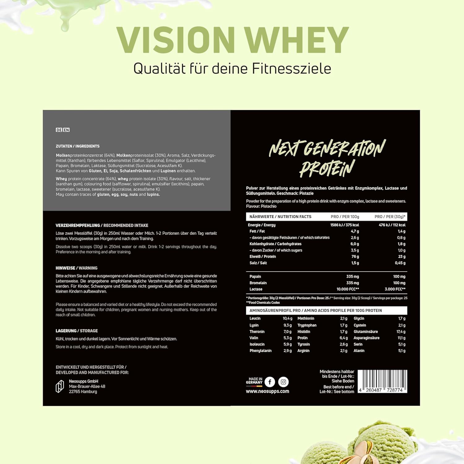 Produktinformationen auf schwarzem Hintergrund. Text: Vision Whey, Nährwertangaben, Zutaten, empfohlene Einnahme, Warnhinweise, Lagerung.