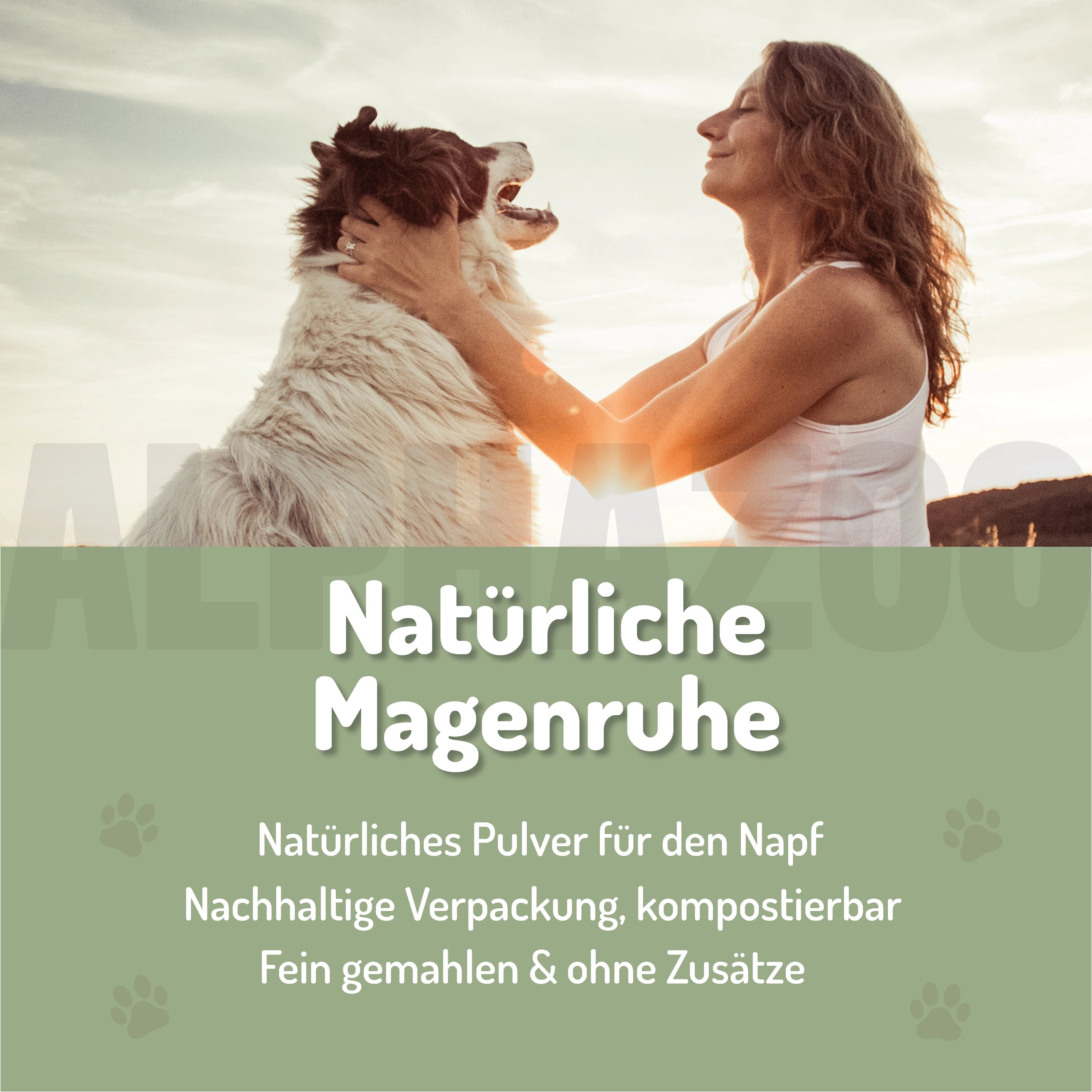 Frau umarmt Hund. Text: Natürliche Magenruhe. Natürliches Pulver für den Napf. Nachhaltige Verpackung, kompostierbar. Fein gemahlen & ohne Zusätze.