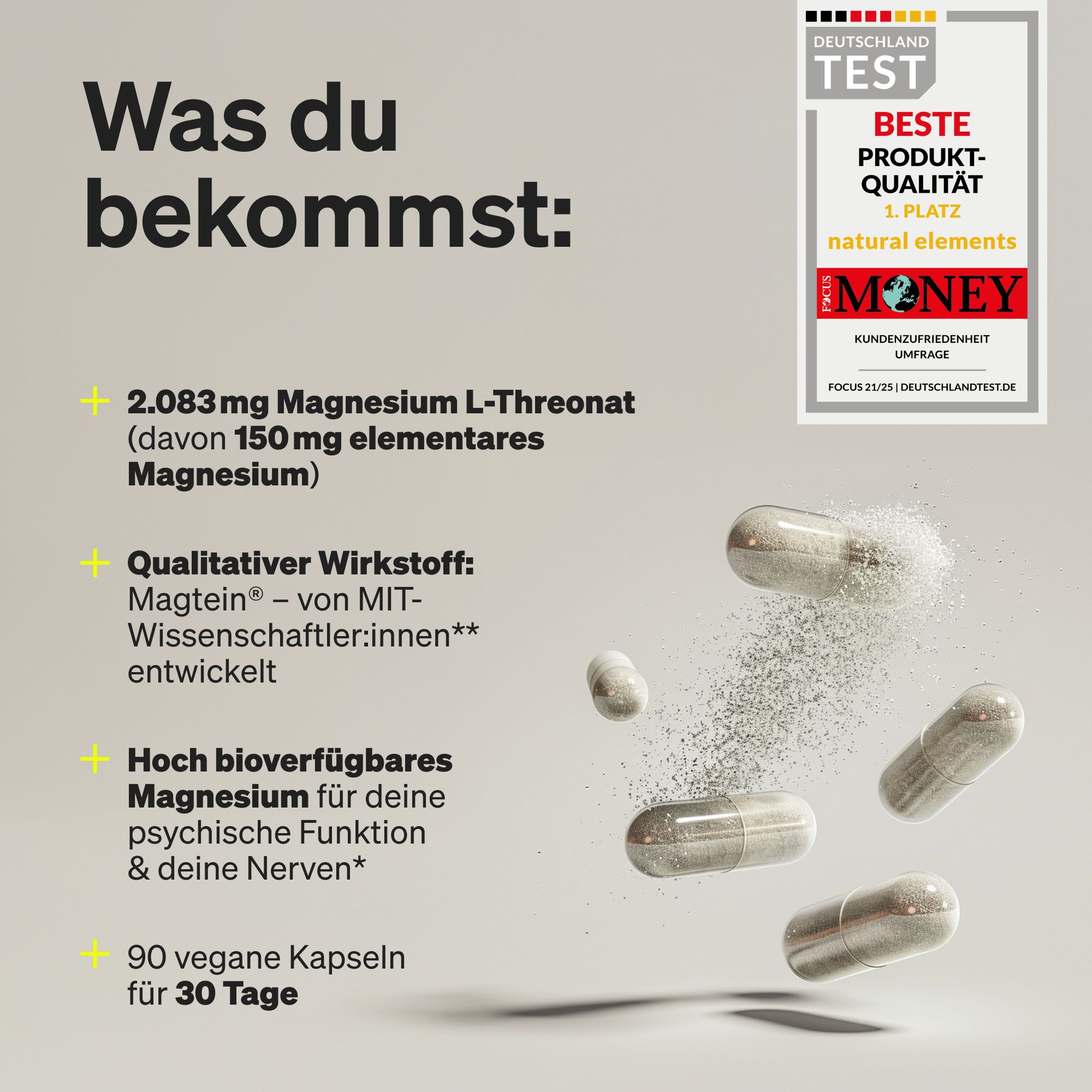 Magnesium L-Threonat (Magtein) Kapseln, 90 Stück, mit detaillierten Produktinformationen.