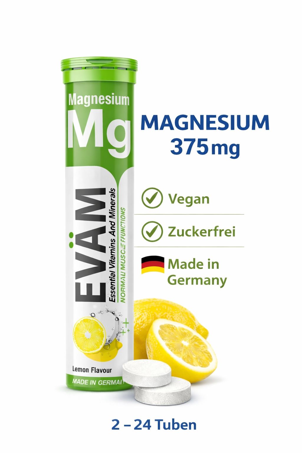 Magnesium Brausetabletten-Tube. Text: Magnesium 375mg, Vegan, zuckerfrei, Made in Germany. Zitrone.