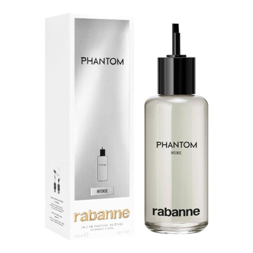 Weißer Karton und Flakon. Flakon mit schwarzem Verschluss, Aufschrift Phantom Intense und Rabanne. Karton mit Text.