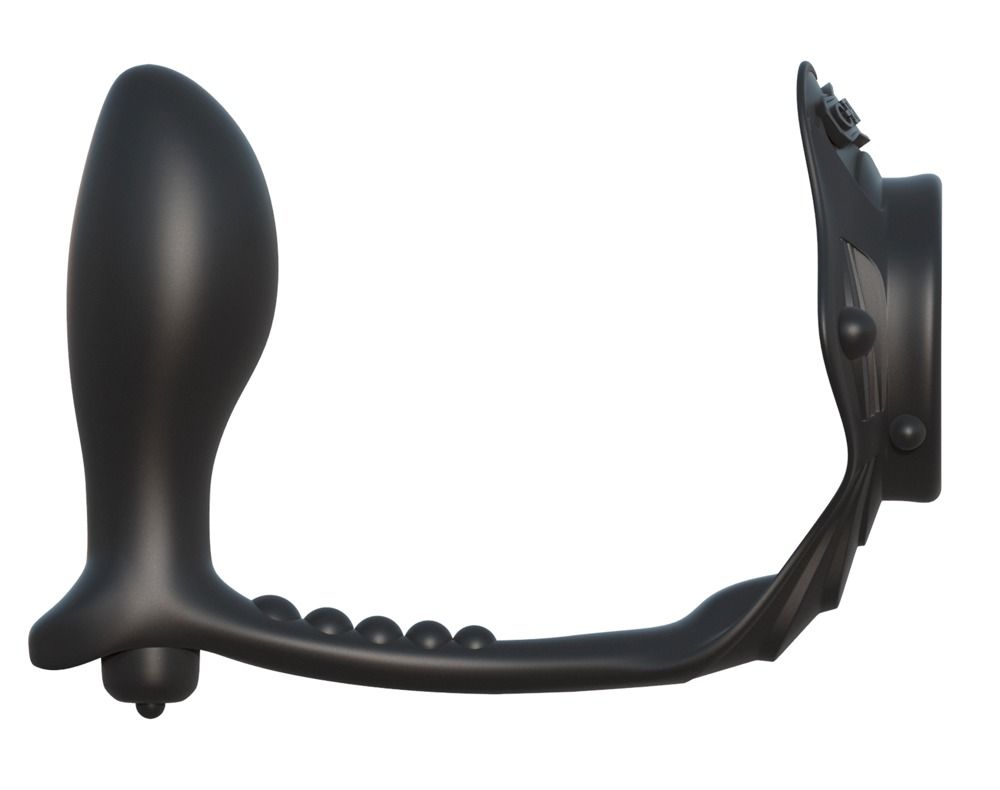 Schwarzer C-Ring mit externem Vibrationsbullet und analerilage, Seitenansicht.