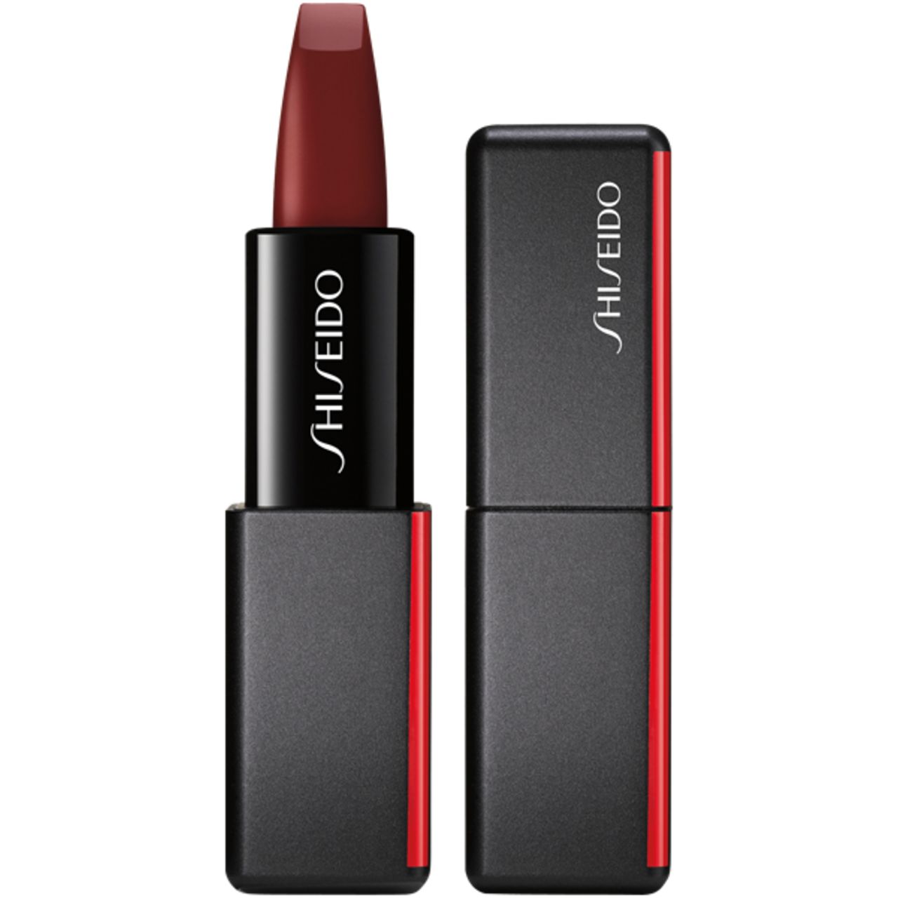 Shiseido Modernmatte Powder Lipstick. Schwarzer, rechteckiger Lippenstift mit roter Akzentlinie. Geöffnet, Stift in Burgunderrot.