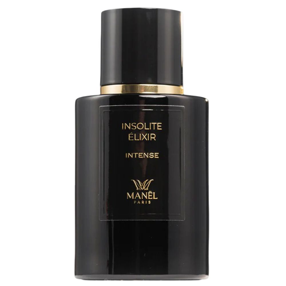 Schwarze Parfumflasche mit goldfarbenen Akzenten. Aufschrift: Insolite Elixir Intense, Manel Paris.