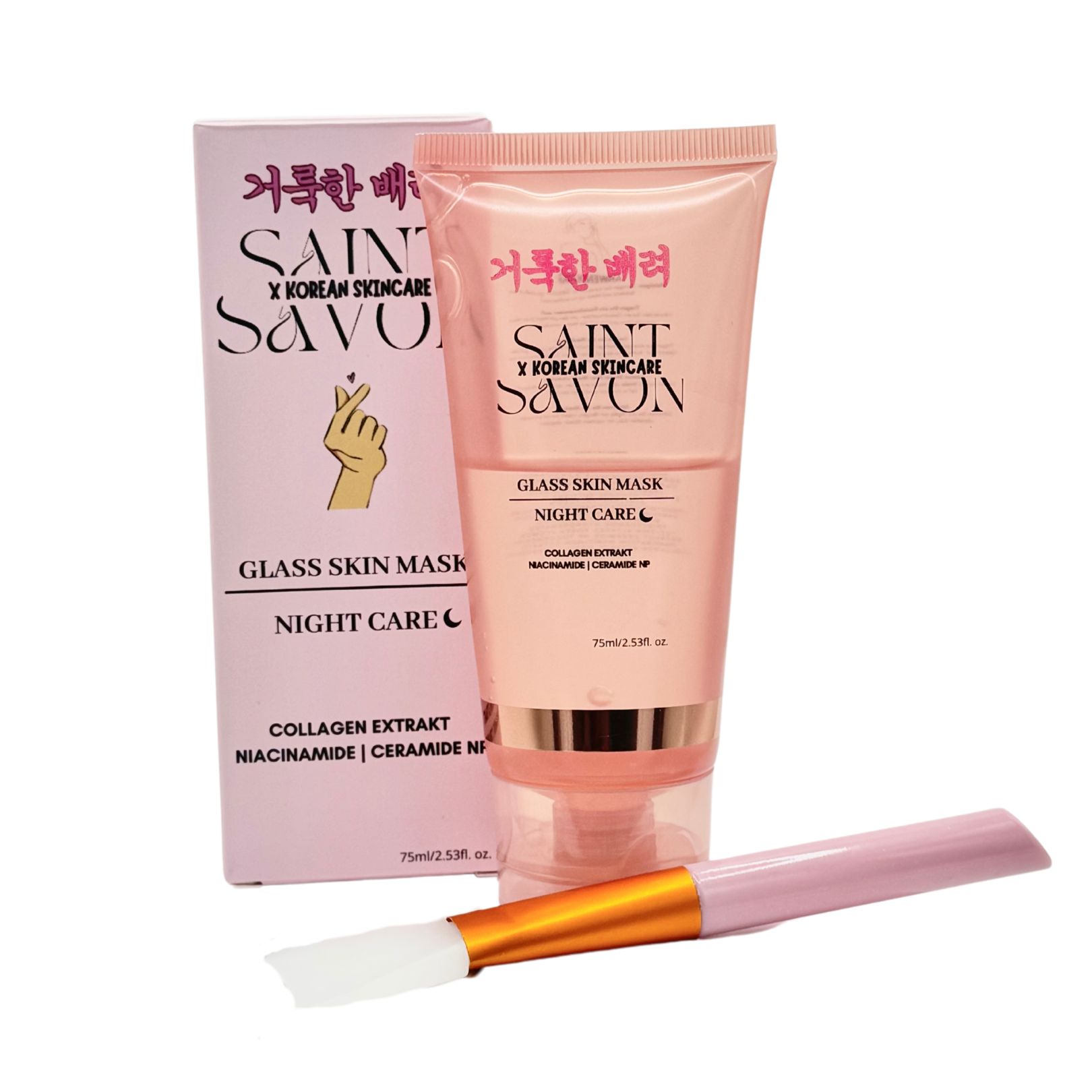 Rosa Tube und Schachtel mit Text. Pinsel liegt daneben. Aufschrift: Glass Skin Mask, Night Care.