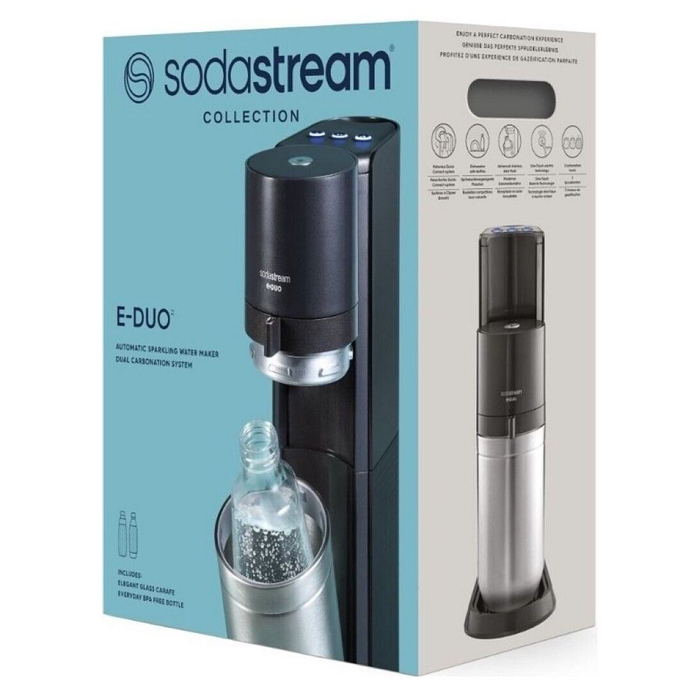 Verpackung des SodaStream E-DUO Wassersprudlers mit Produktabbildung und Informationen.