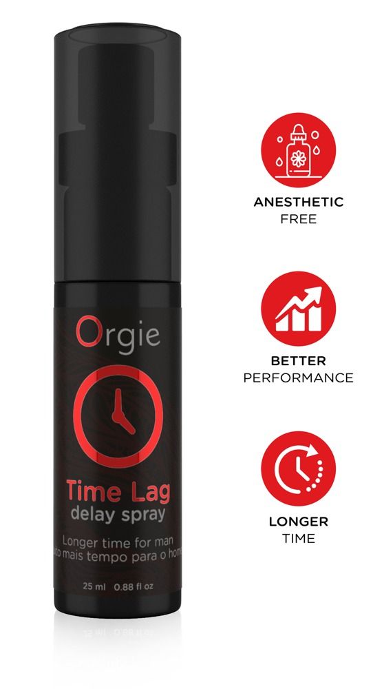 Schwarze Sprühflasche mit rotem Logo und Text. Produktname: Time Lag delay spray. Marke: Orgie. 25 ml. Mit Icons.