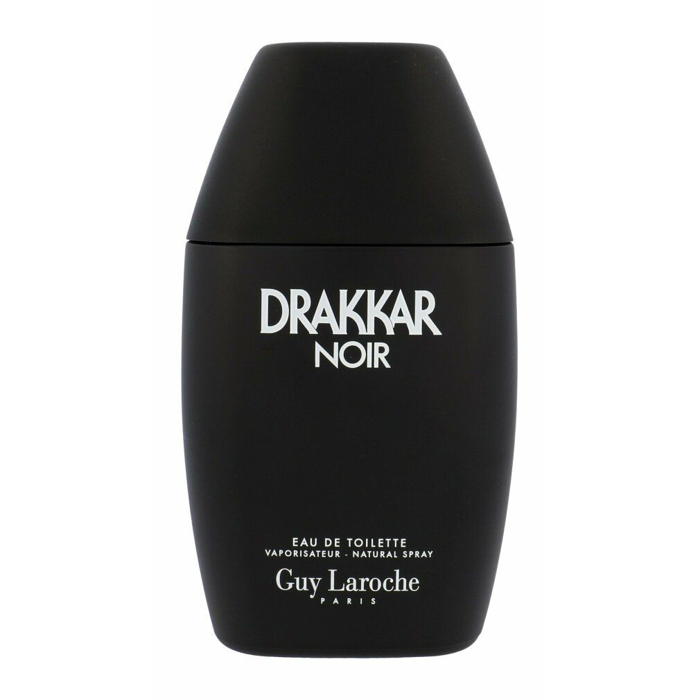 Schwarzer Flakon von Drakkar Noir Eau de Toilette. Aufschrift: Drakkar Noir, Guy Laroche. Flakonform: oval.