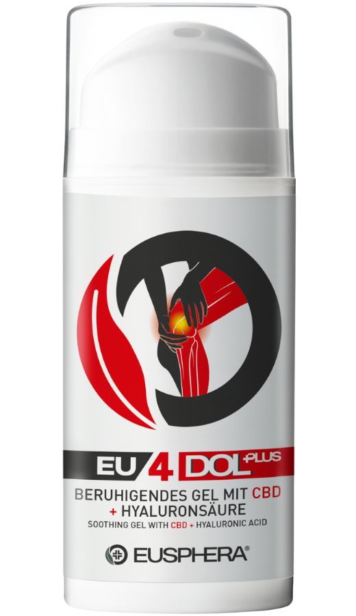Flacone cilindrico bianco. Logo nero e rosso. Testo: EU4DOL Plus, gel lenitivo con CBD + acido ialuronico. Marchio Eusphera.