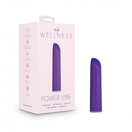 Lila Vibrator neben Verpackung. Verpackung mit "Wellness" und "Power Vibe" Schriftzug. 10 Funktionen, wiederaufladbar, wasserdicht.