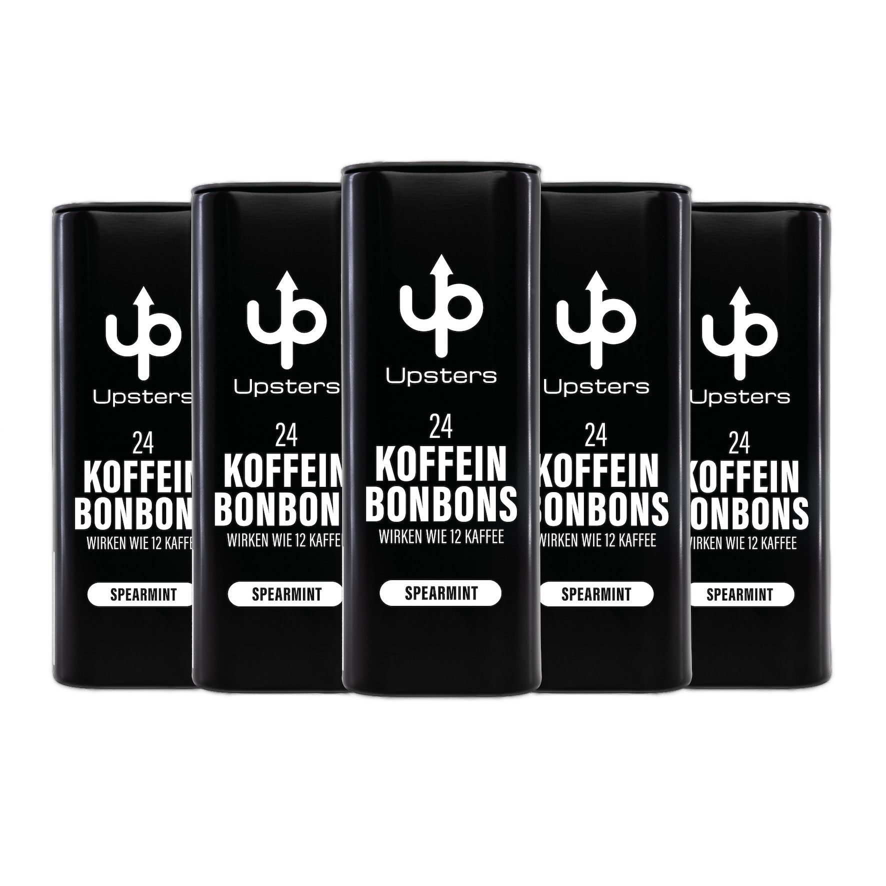 Fünf schwarze Dosen nebeneinander. Aufschrift: Upsters, 24 Koffein Bonbons, Spearmint.