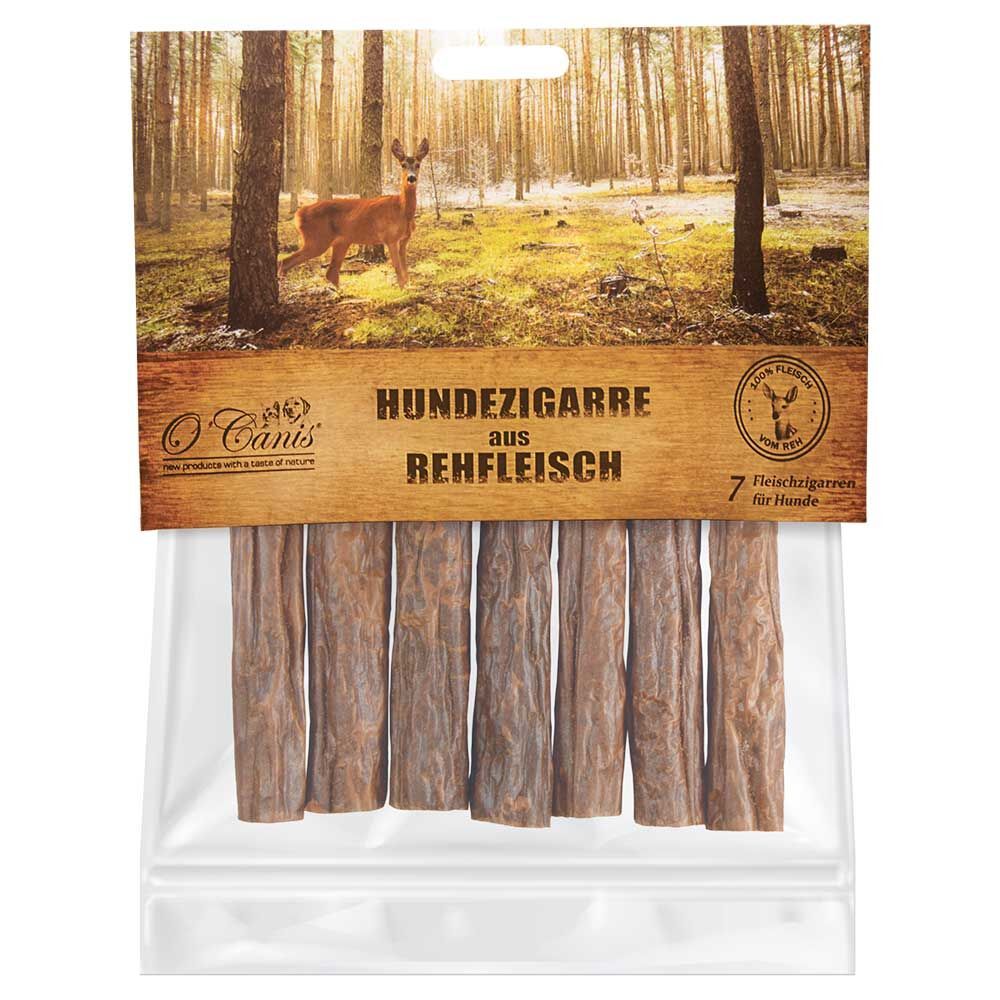 Verpackung Hundezigarren aus Rehfleisch. 7 Stück in einer transparenten Tüte. Auf der Verpackung ist ein Reh abgebildet.