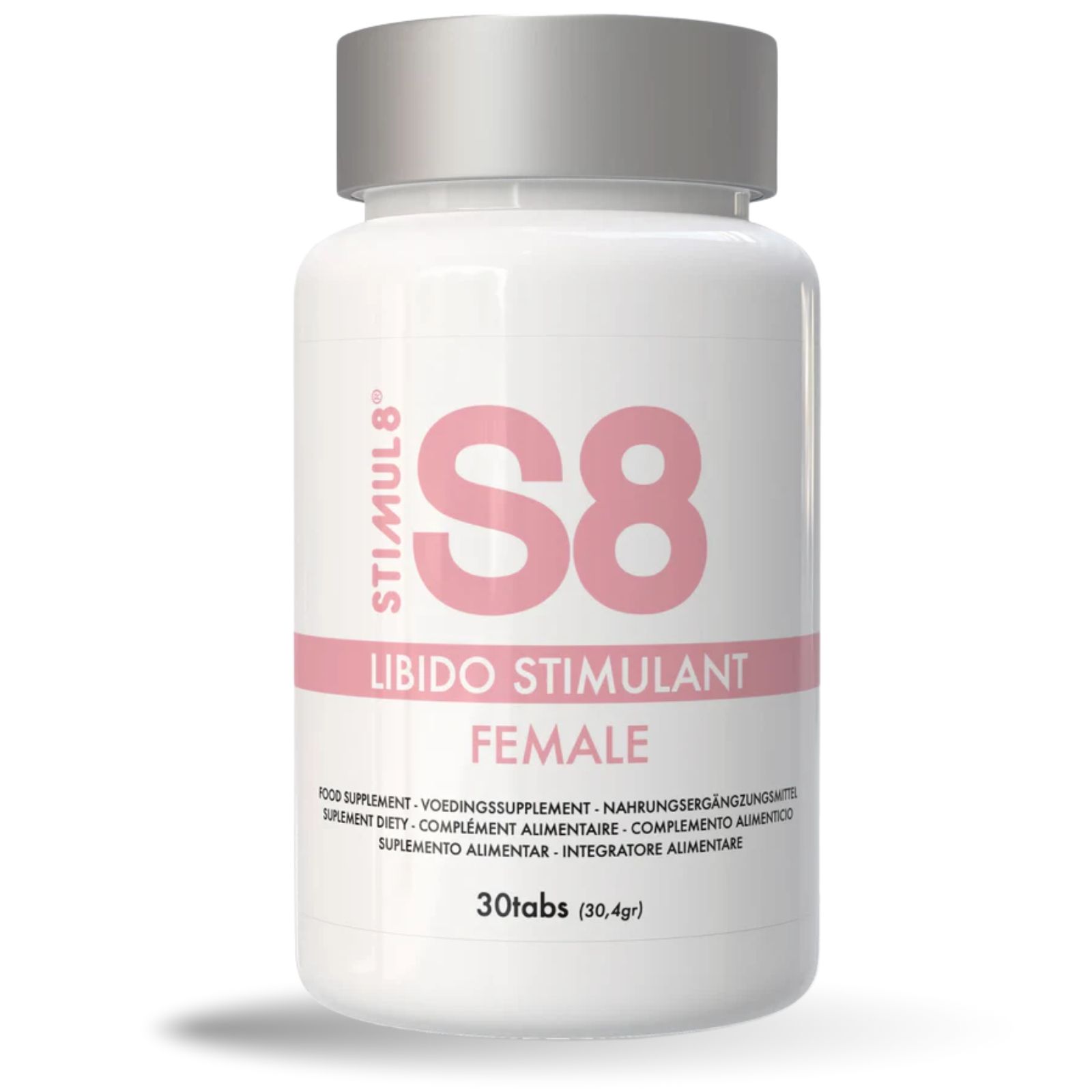 Weiße Flasche mit rosa Aufschrift S8, Libido Stimulant, Female. Enthält 30 Tabletten. Nahrungsergänzungsmittel.