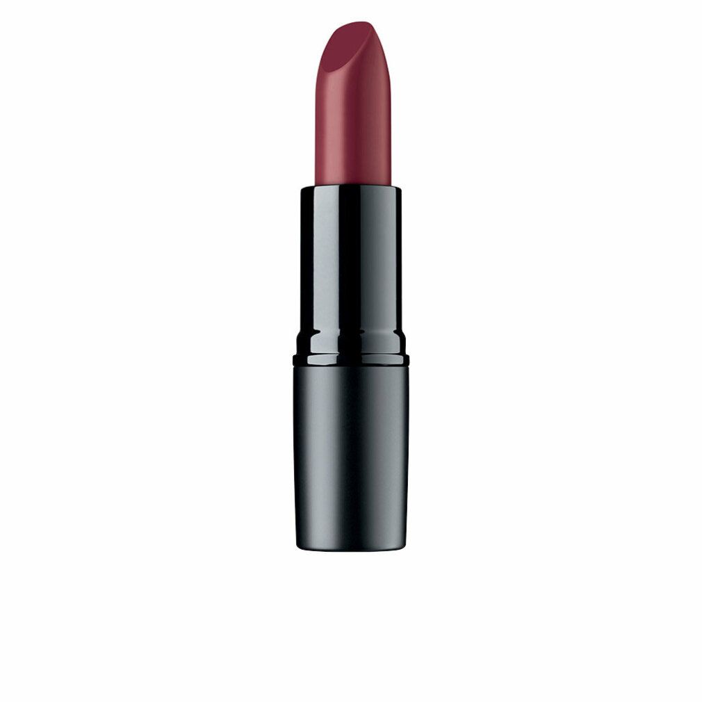 Dunkelroter Lippenstift in schwarzem Gehäuse. Der Lippenstift ist geöffnet.