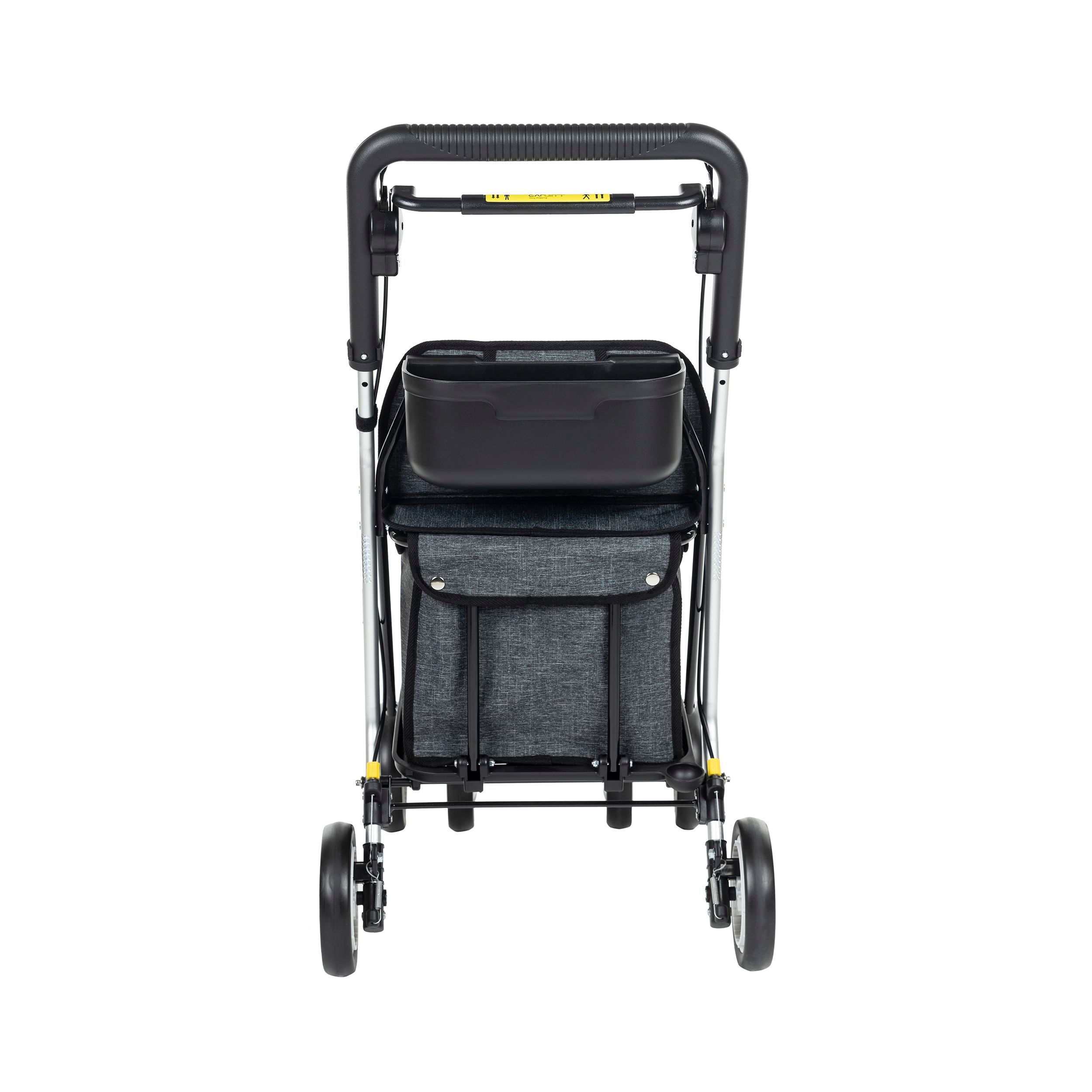 Carlett Comfort Einkaufstrolley, Rückansicht. Grau, vier Räder, schwarzer Rahmen, Sitz und Tasche.