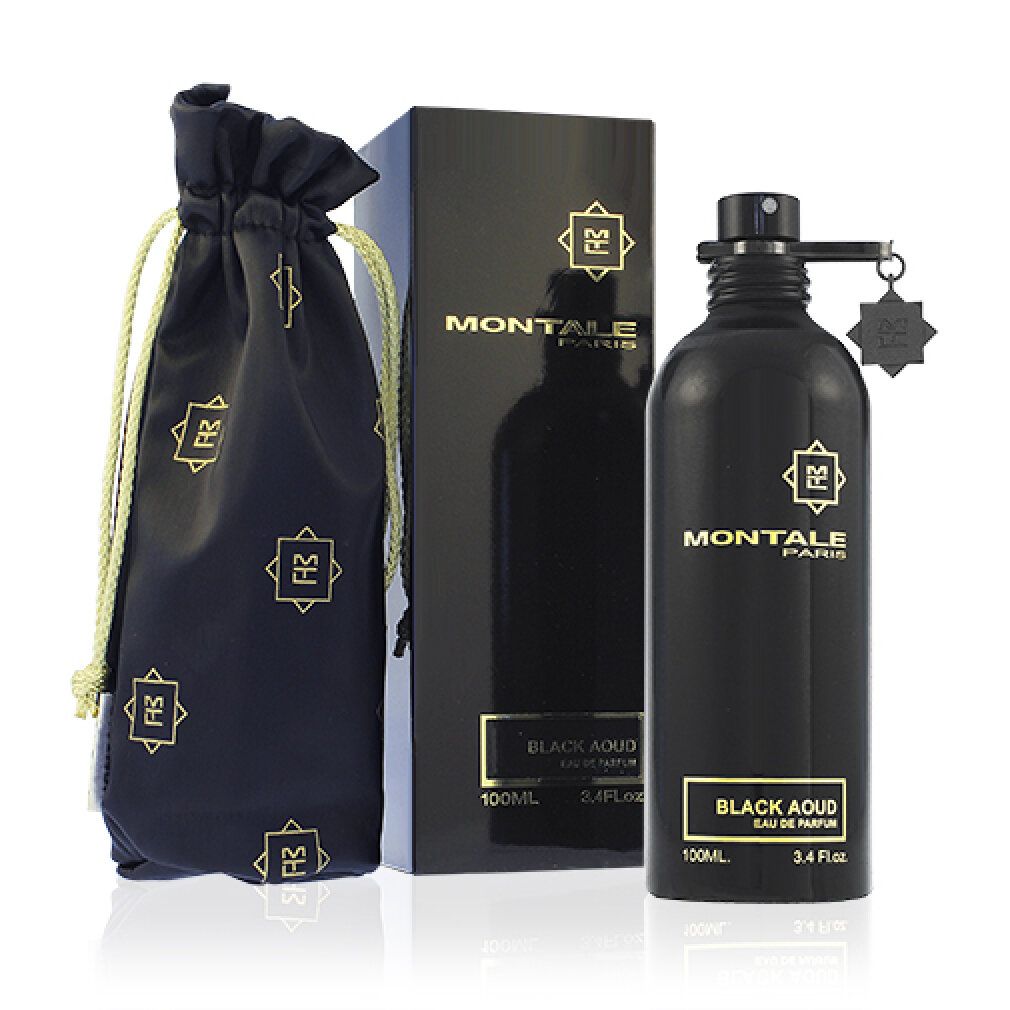 Schwarze Flasche, Schachtel und Beutel mit MONTALE-Logo. BLACK AOUD, 3.4 Fl.oz.