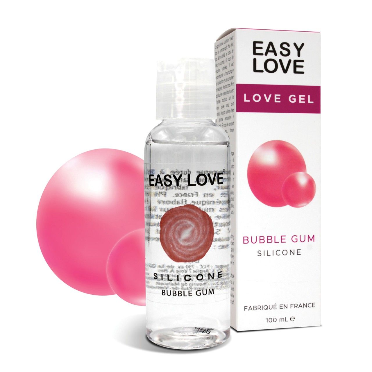 Klare Flasche mit "EASY LOVE"-Aufdruck. Daneben eine Verpackung mit "LOVE GEL" und "BUBBLE GUM SILICONE". Rosa Kugeln im Hintergrund.
