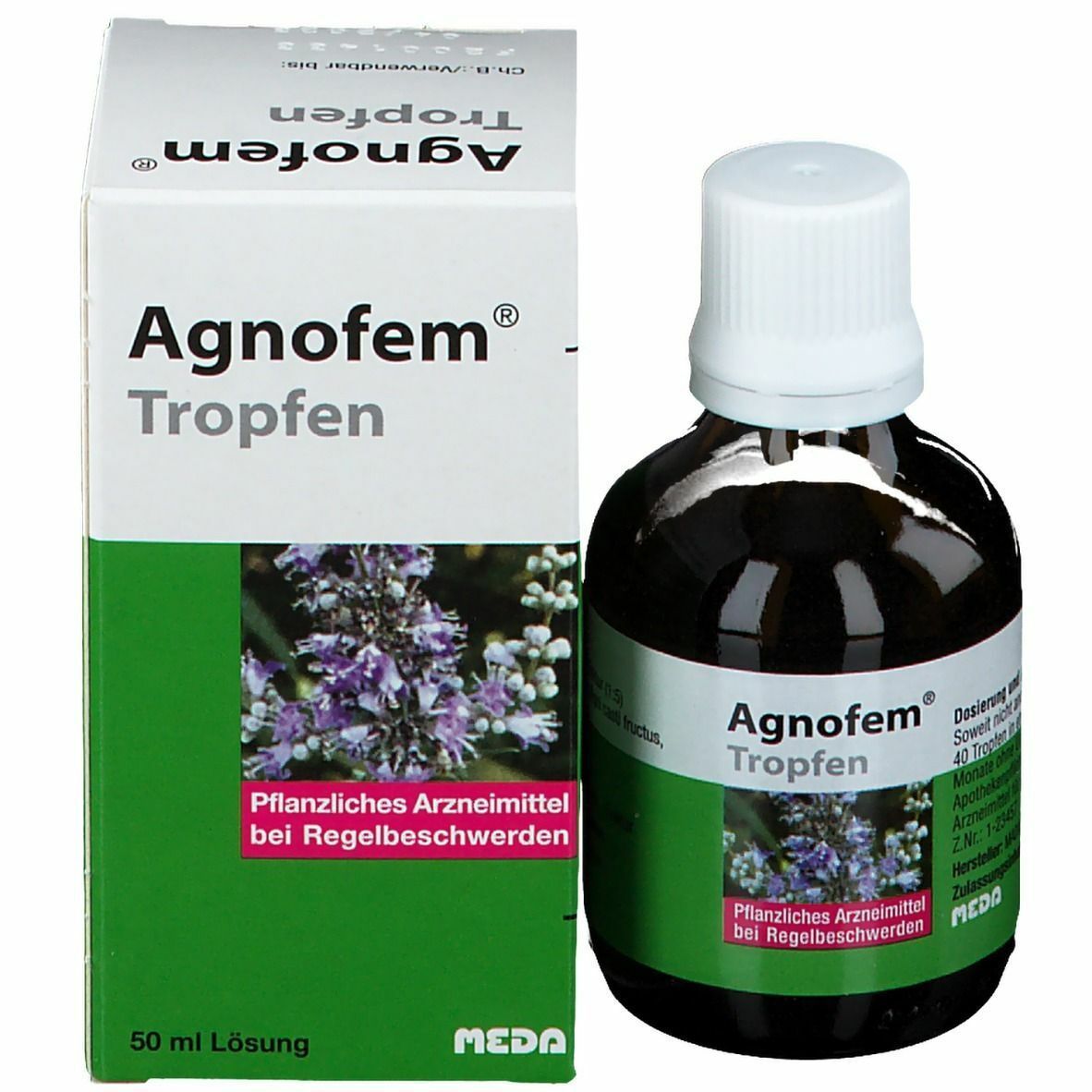 Braune Flasche und Schachtel mit der Aufschrift Agnofem Tropfen. Auf der Schachtel steht "Pflanzliches Arzneimittel bei Regelbeschwerden".