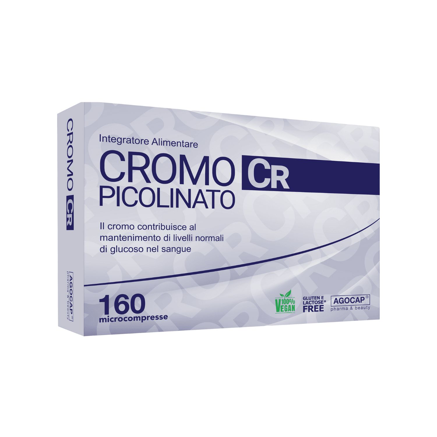 Scatola di Cromo CR Picolinato 160 compresse. Scritta: 'Cromo Picolinato', '160 microcompresse'.