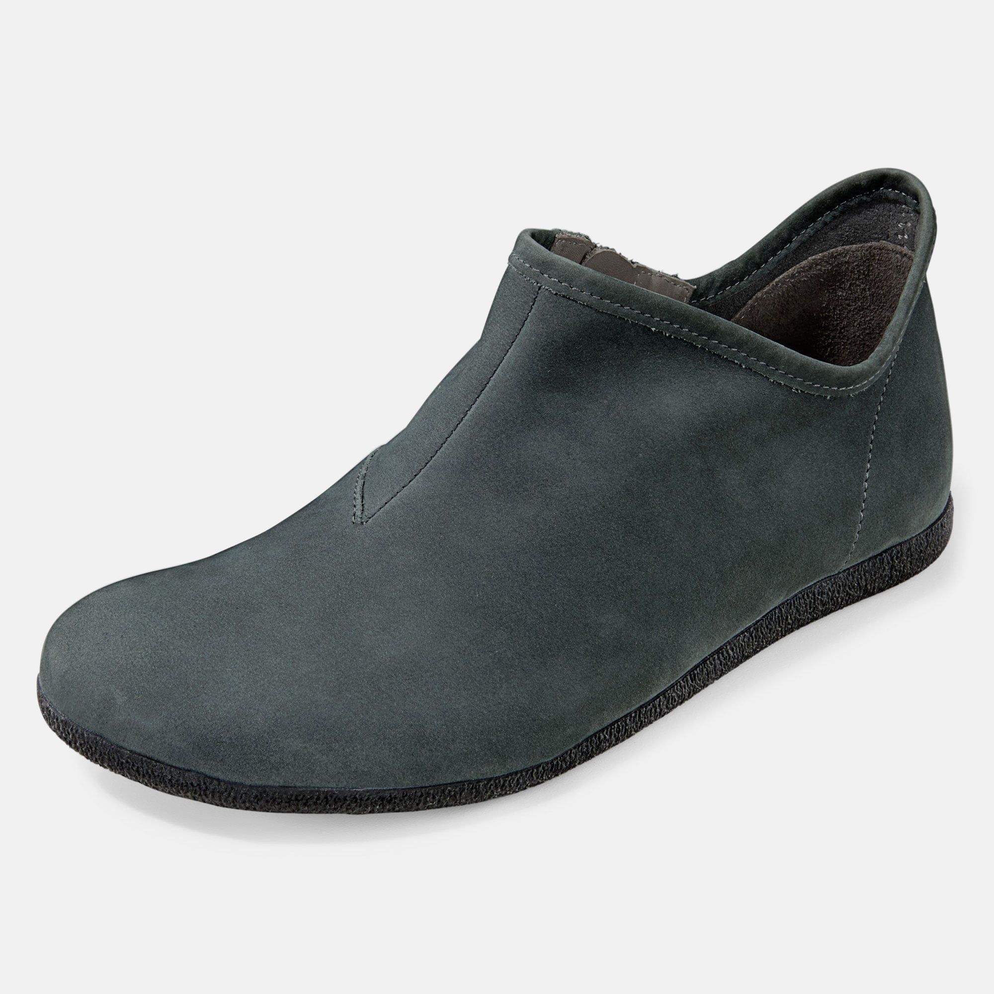 Grauer Damen-Slipper. Flache Sohle, Reißverschluss. Detailansicht.